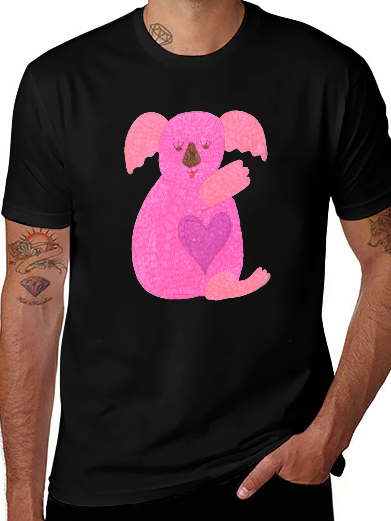 Pink Koala Heart Graphic Black T-Shirt