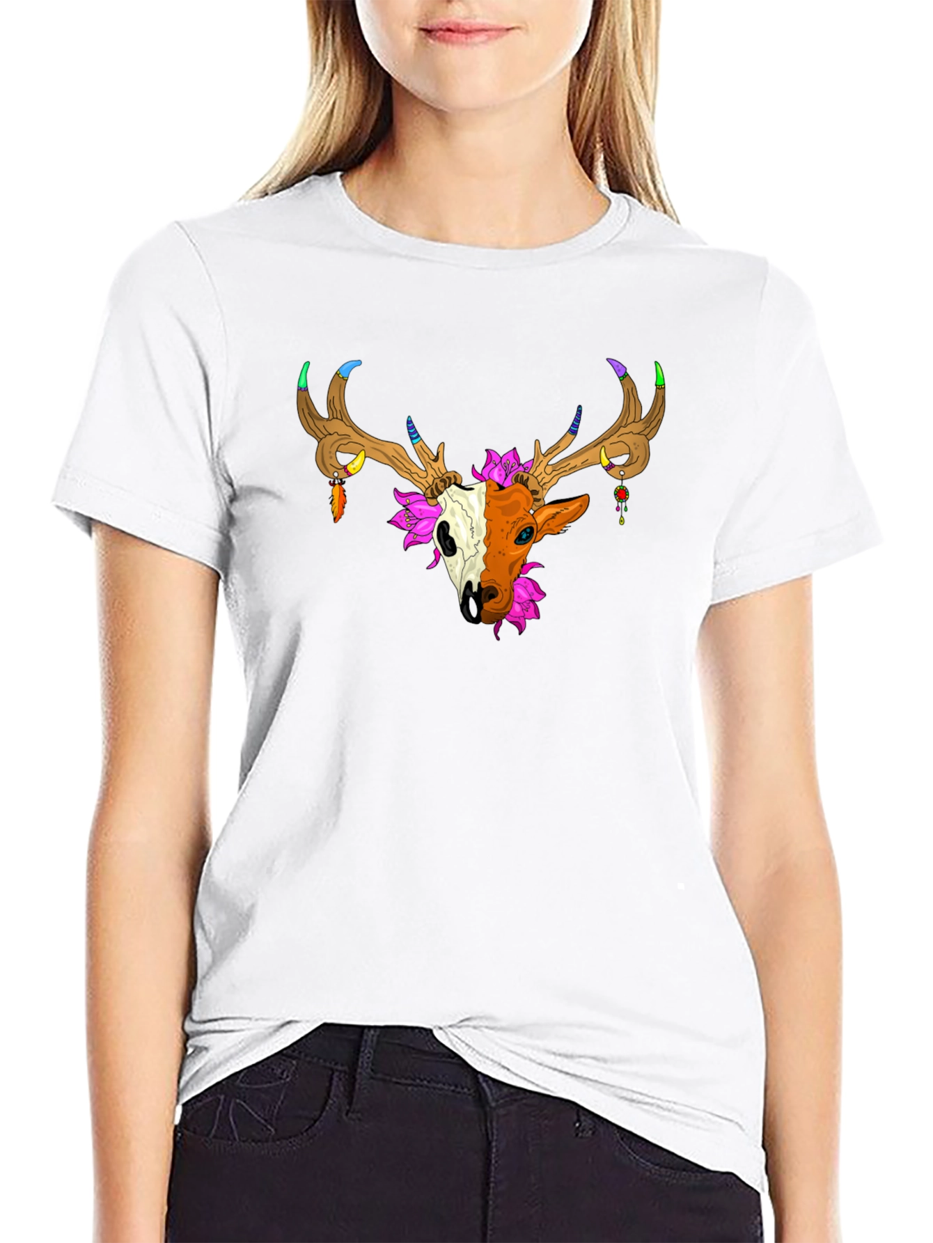 Deer Skull Graphic Tee - Unique Artistic Design
