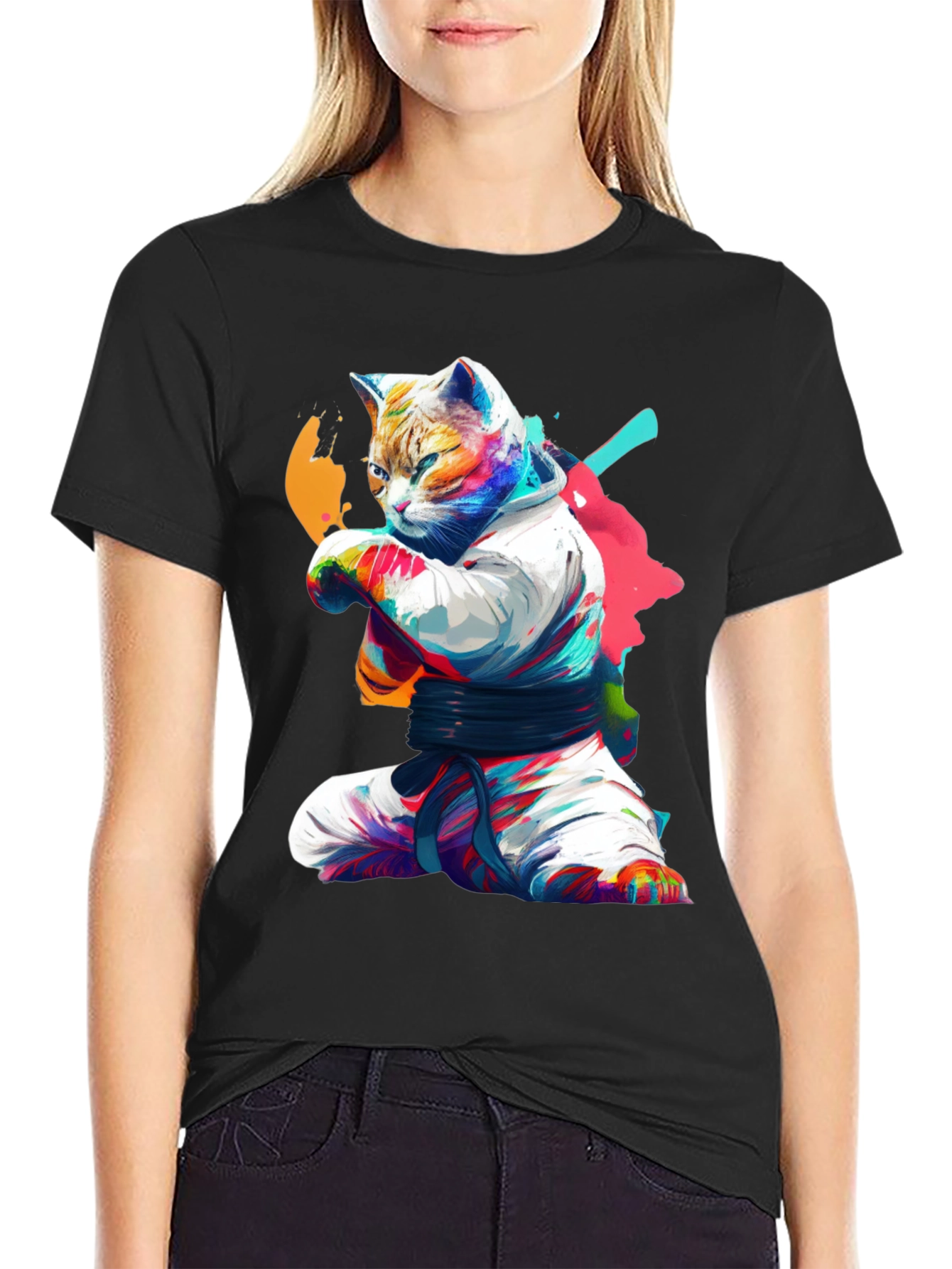 Karate Cat Graphic T-Shirt - Black Cotton Tee