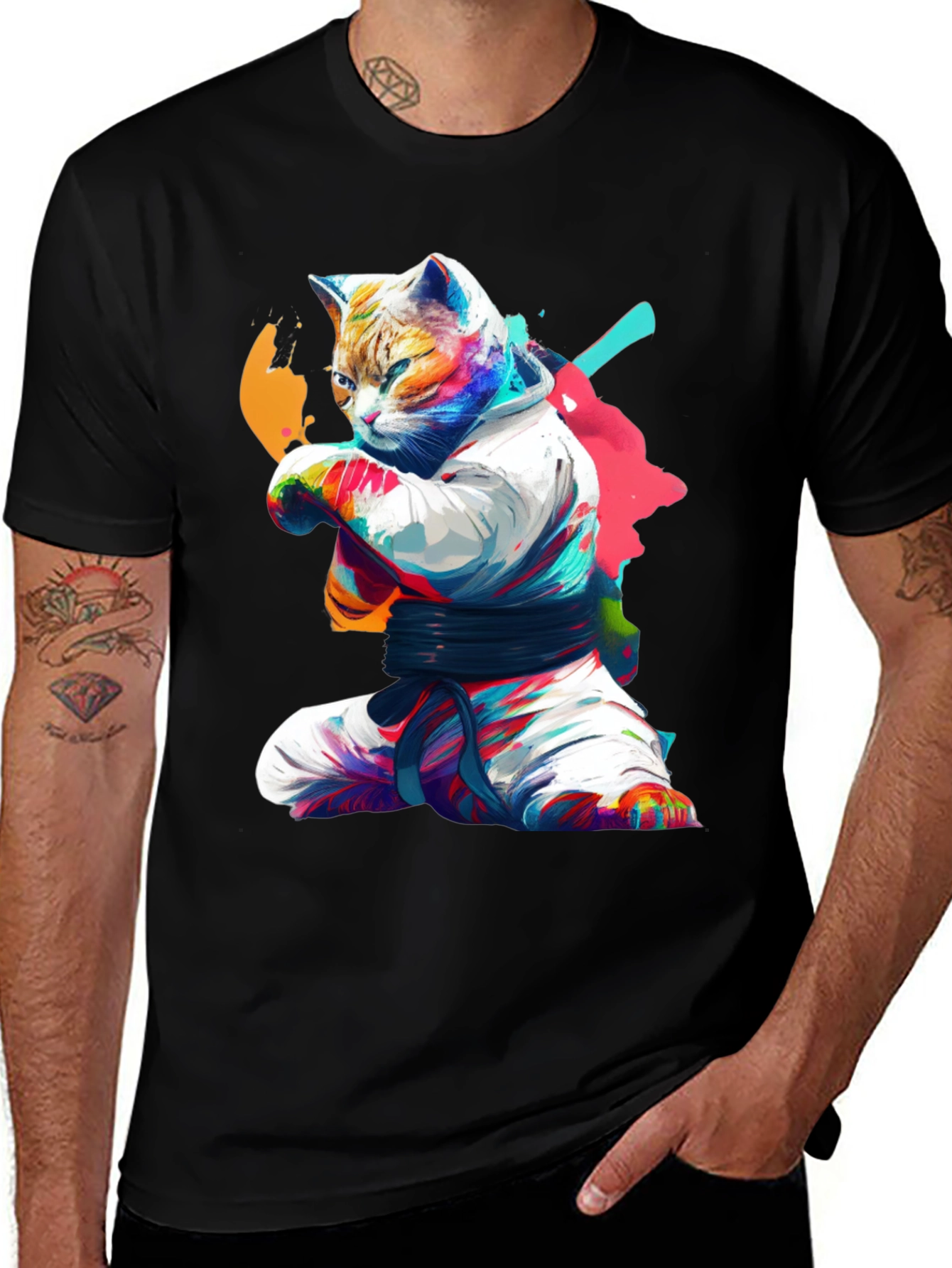 Karate Cat Graphic T-Shirt - Black Cotton Tee