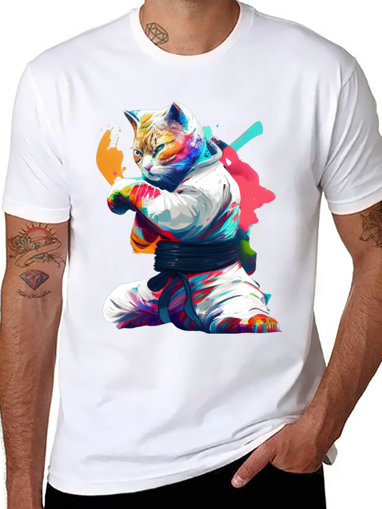 Karate Cat Graphic T-Shirt - Black Cotton Tee