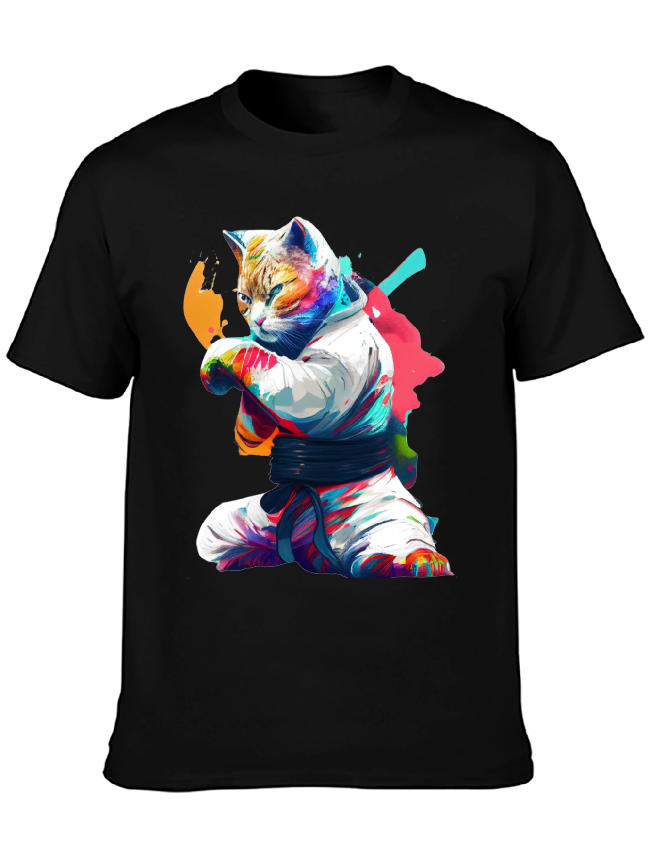 Karate Cat Graphic T-Shirt - Black Cotton Tee