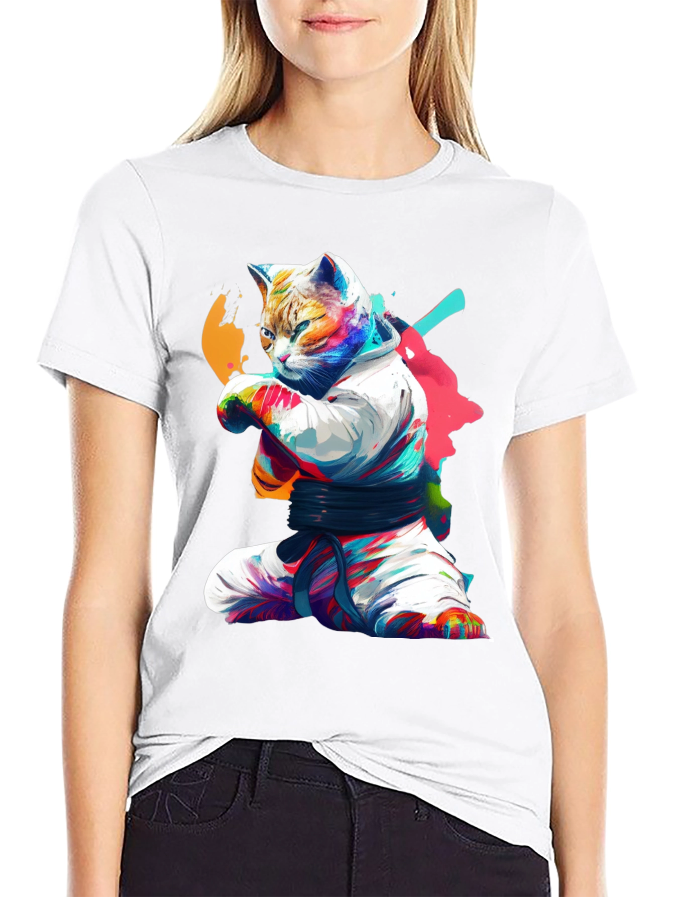 Karate Cat Graphic T-Shirt - Black Cotton Tee