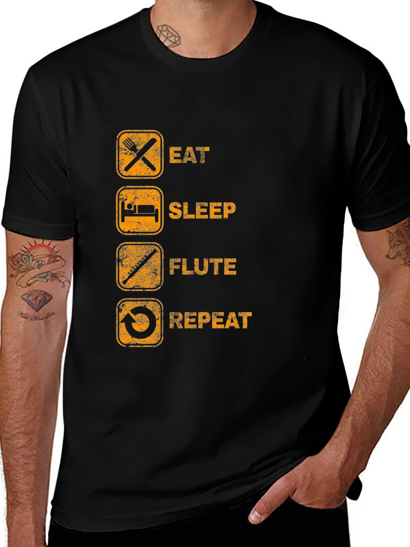 Eat Sleep Flute Repeat Black Graphic T-Shirt