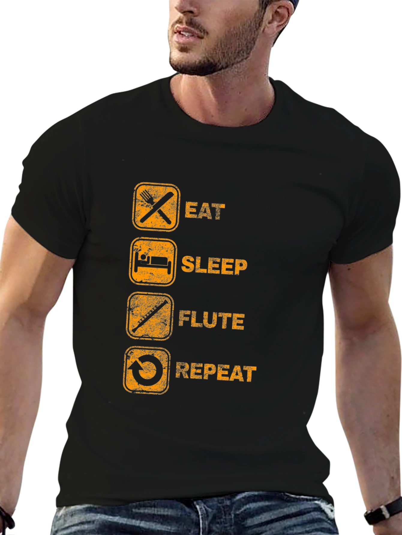 Eat Sleep Flute Repeat Black Graphic T-Shirt