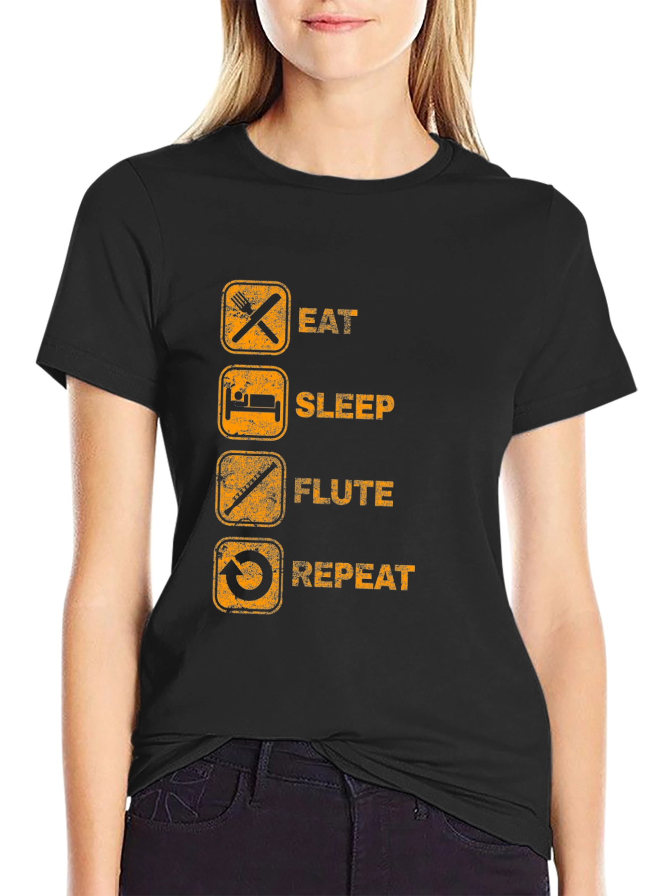 Eat Sleep Flute Repeat Black Graphic T-Shirt