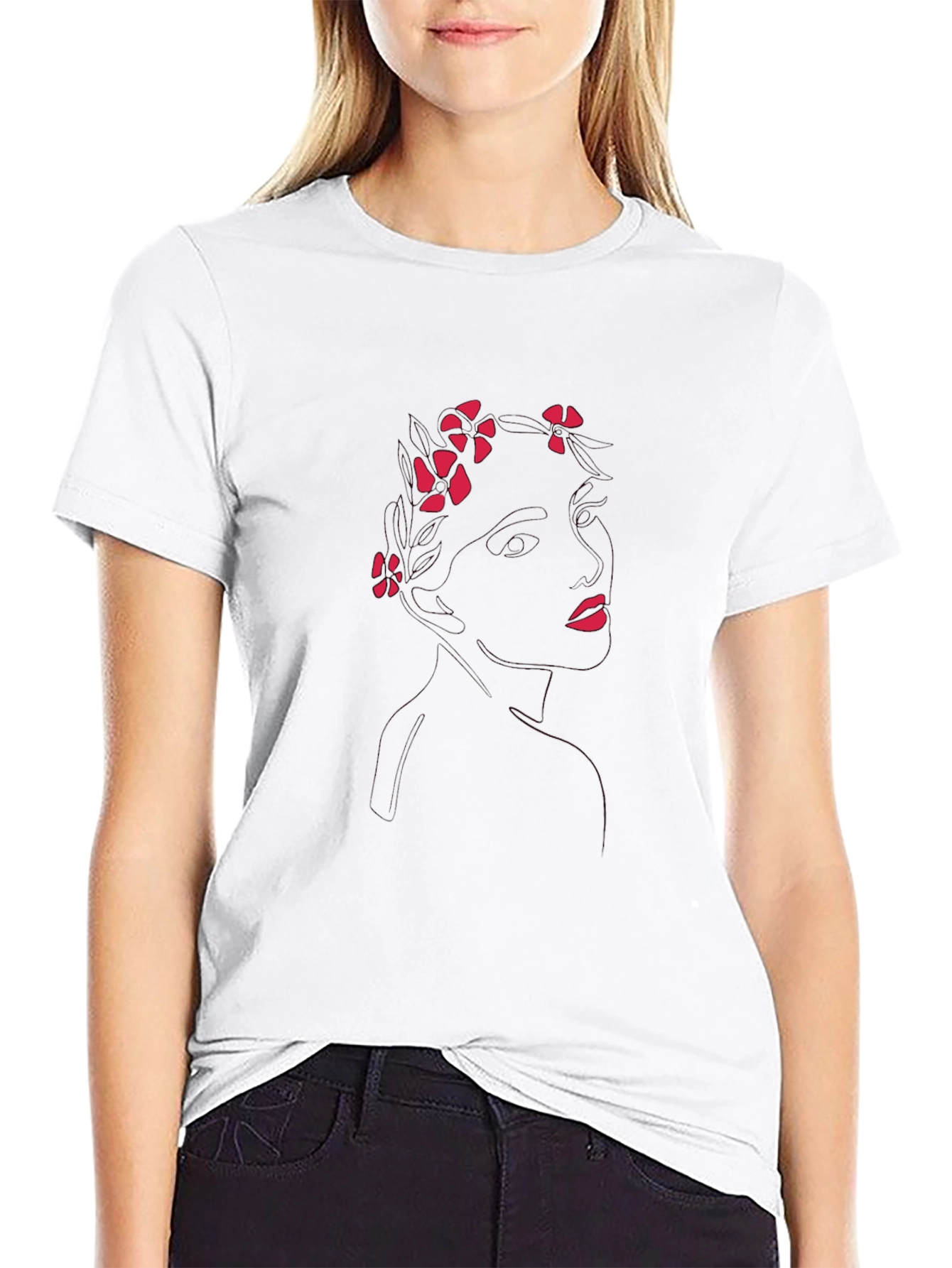 Floral Line Art Black T-Shirt