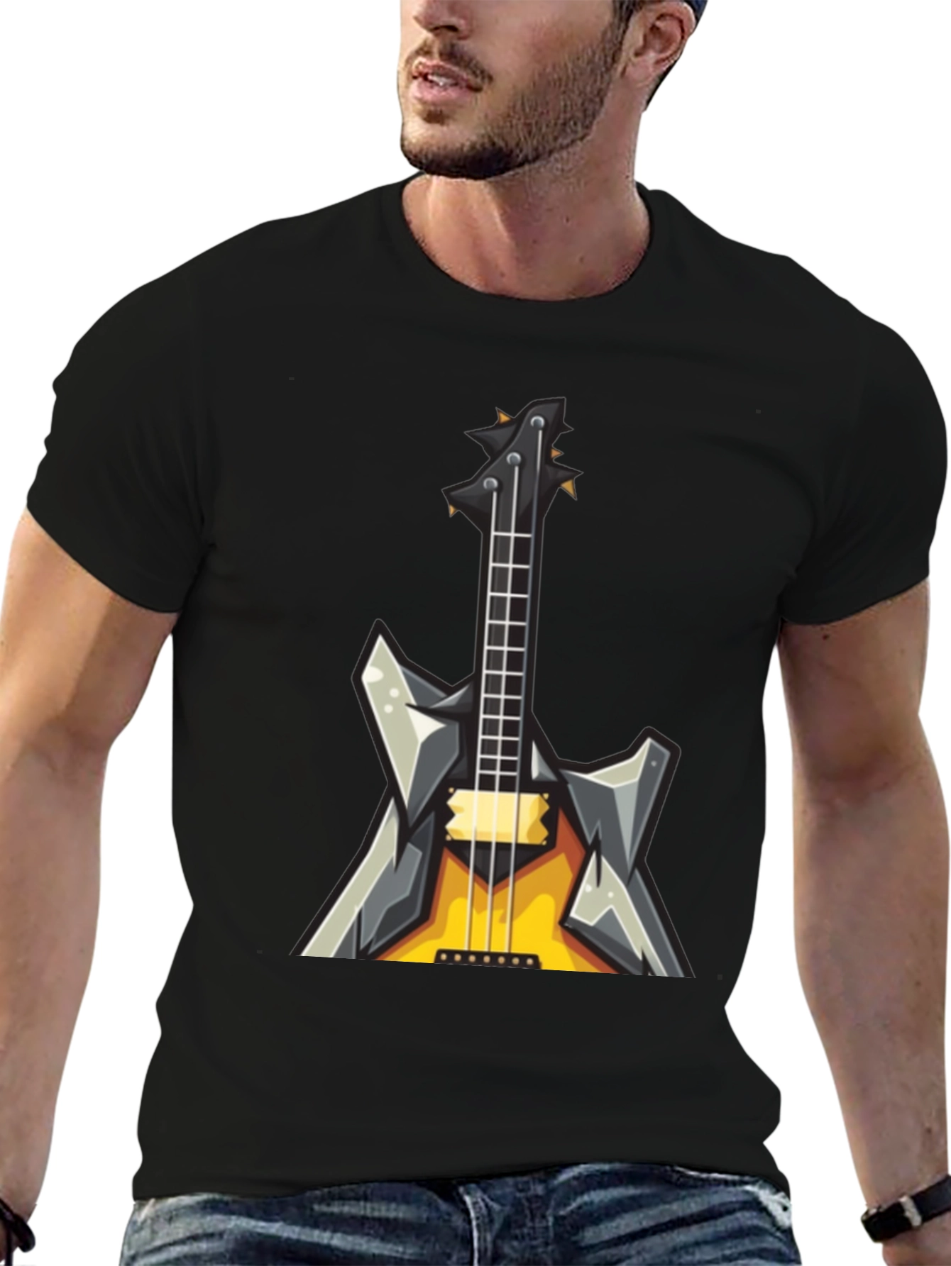 Rock Guitar Graphic Tee - Black Cotton T-Shirt