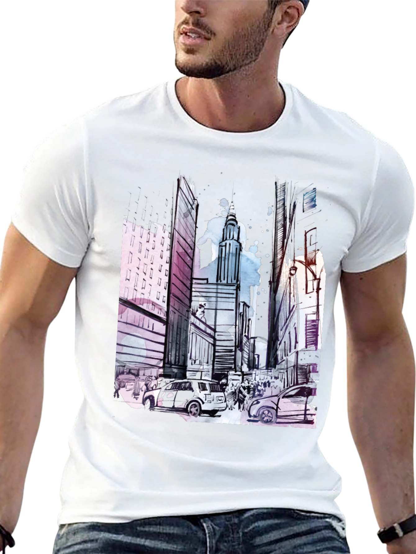 Urban Sketch Black T-Shirt: Cityscape Design