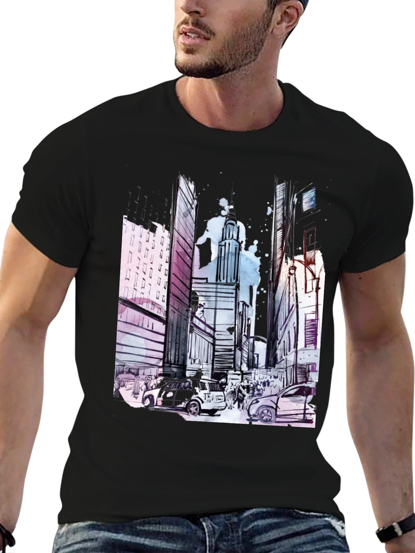Urban Sketch Black T-Shirt: Cityscape Design