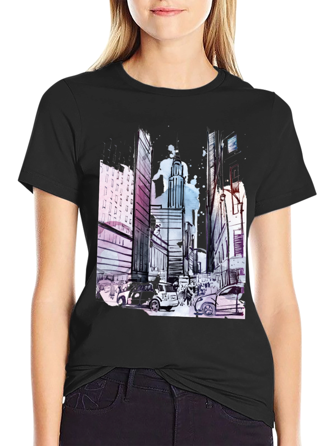 Urban Sketch Black T-Shirt: Cityscape Design