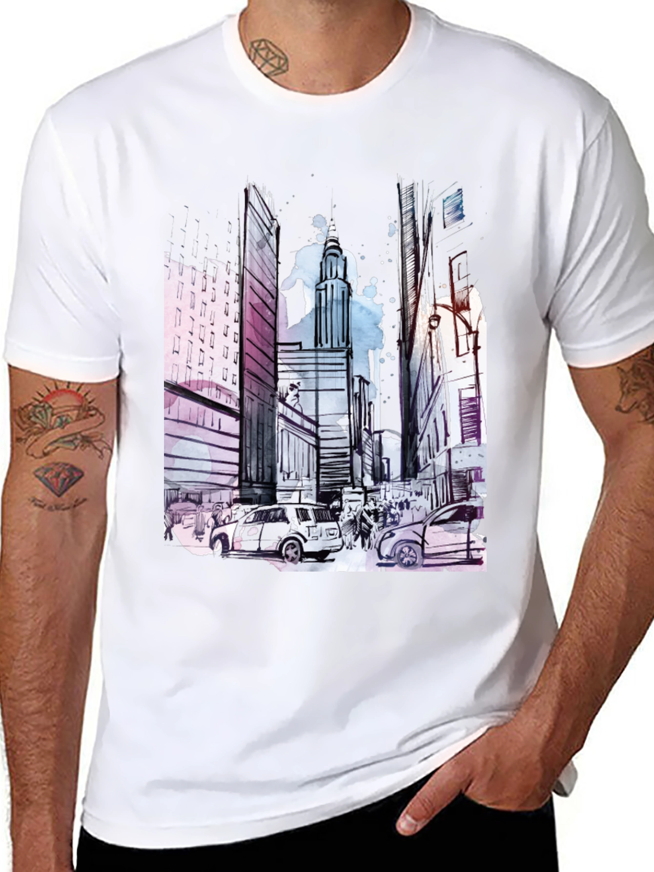 Urban Sketch Black T-Shirt: Cityscape Design