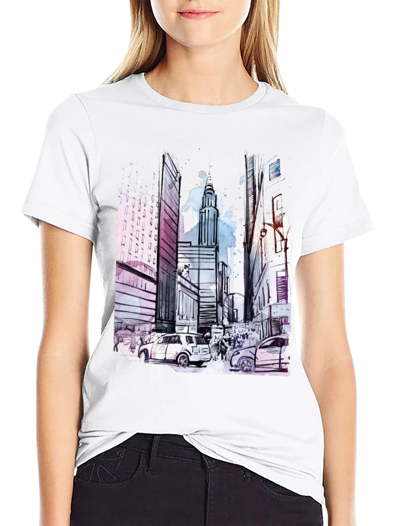 Urban Sketch Black T-Shirt: Cityscape Design