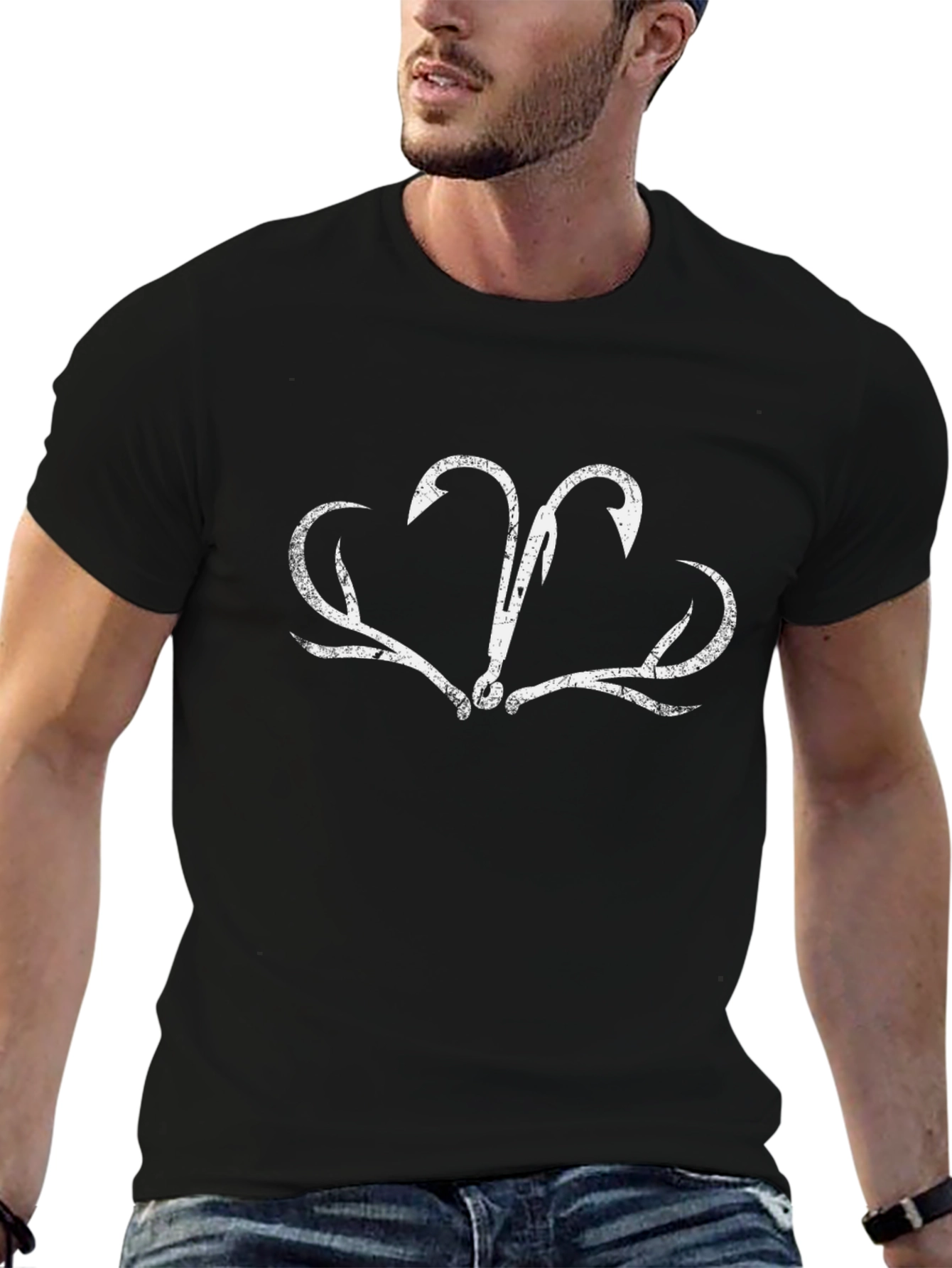 Fishing Hook Antler Graphic T-Shirt - Black