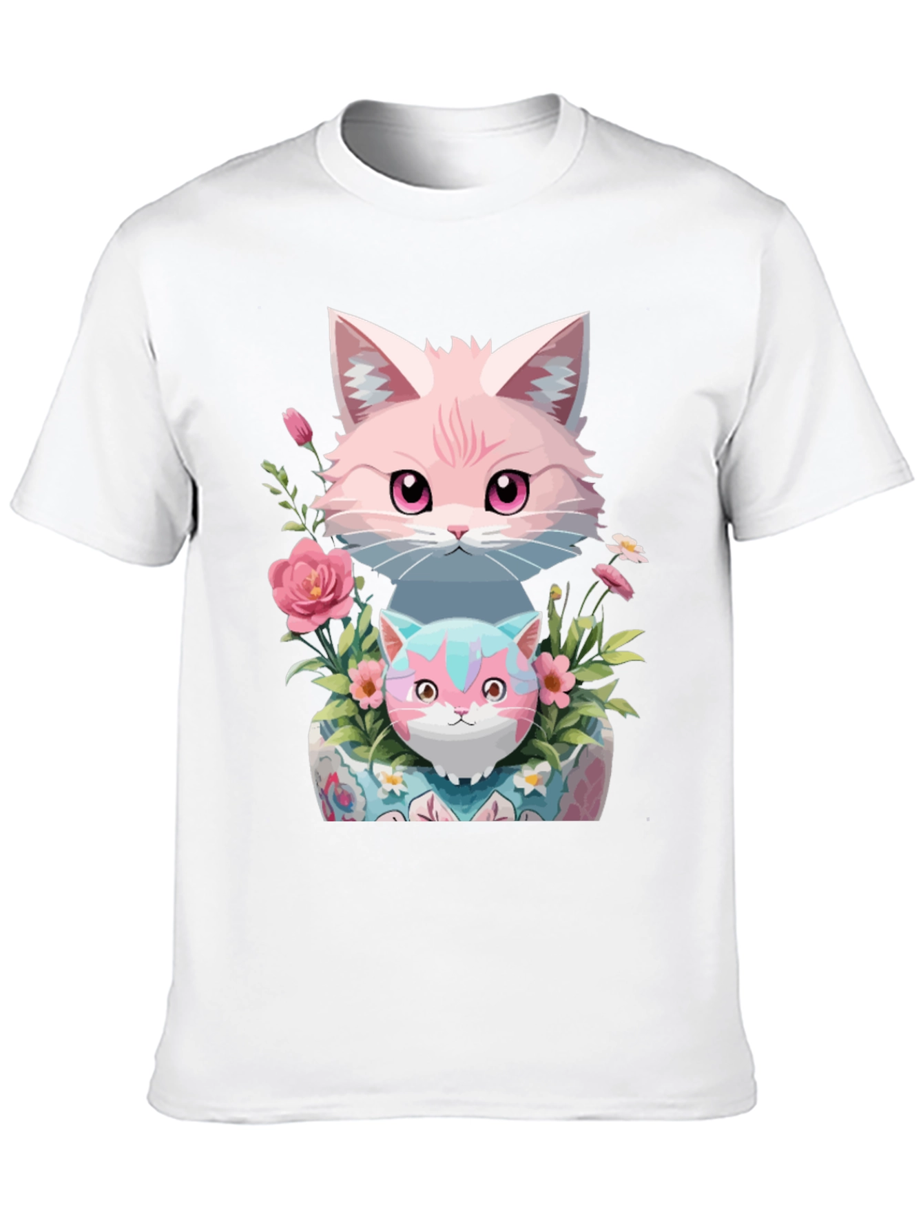 Cute Cats & Floral Print Black T-Shirt