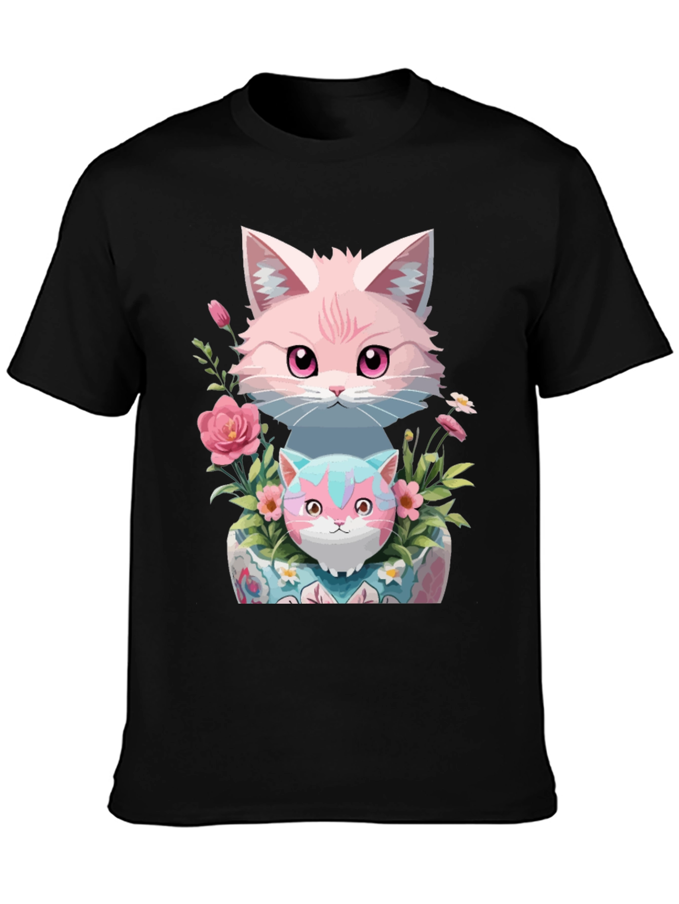 Cute Cats & Floral Print Black T-Shirt
