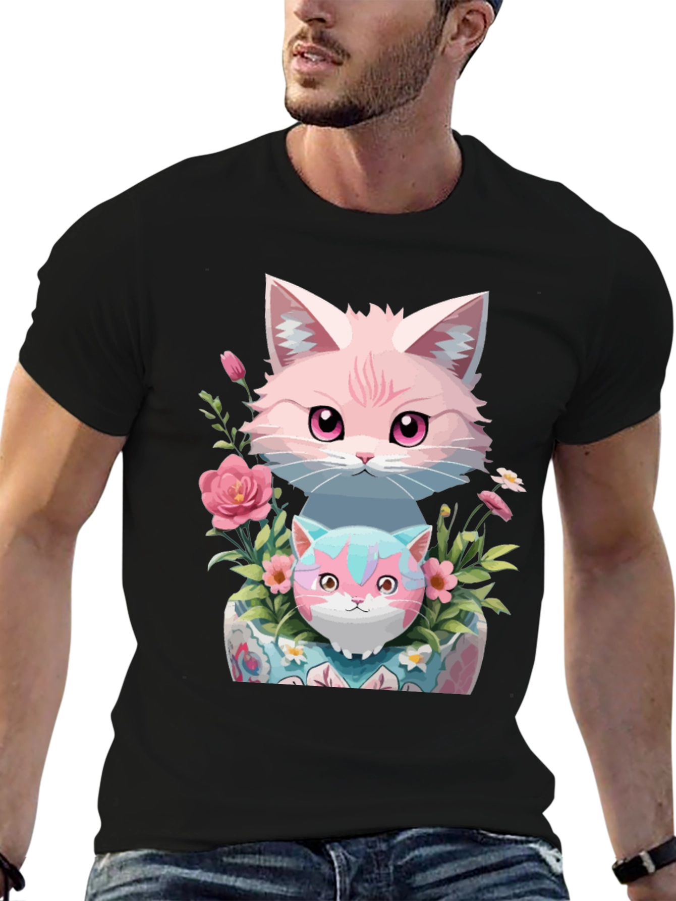 Cute Cats & Floral Print Black T-Shirt