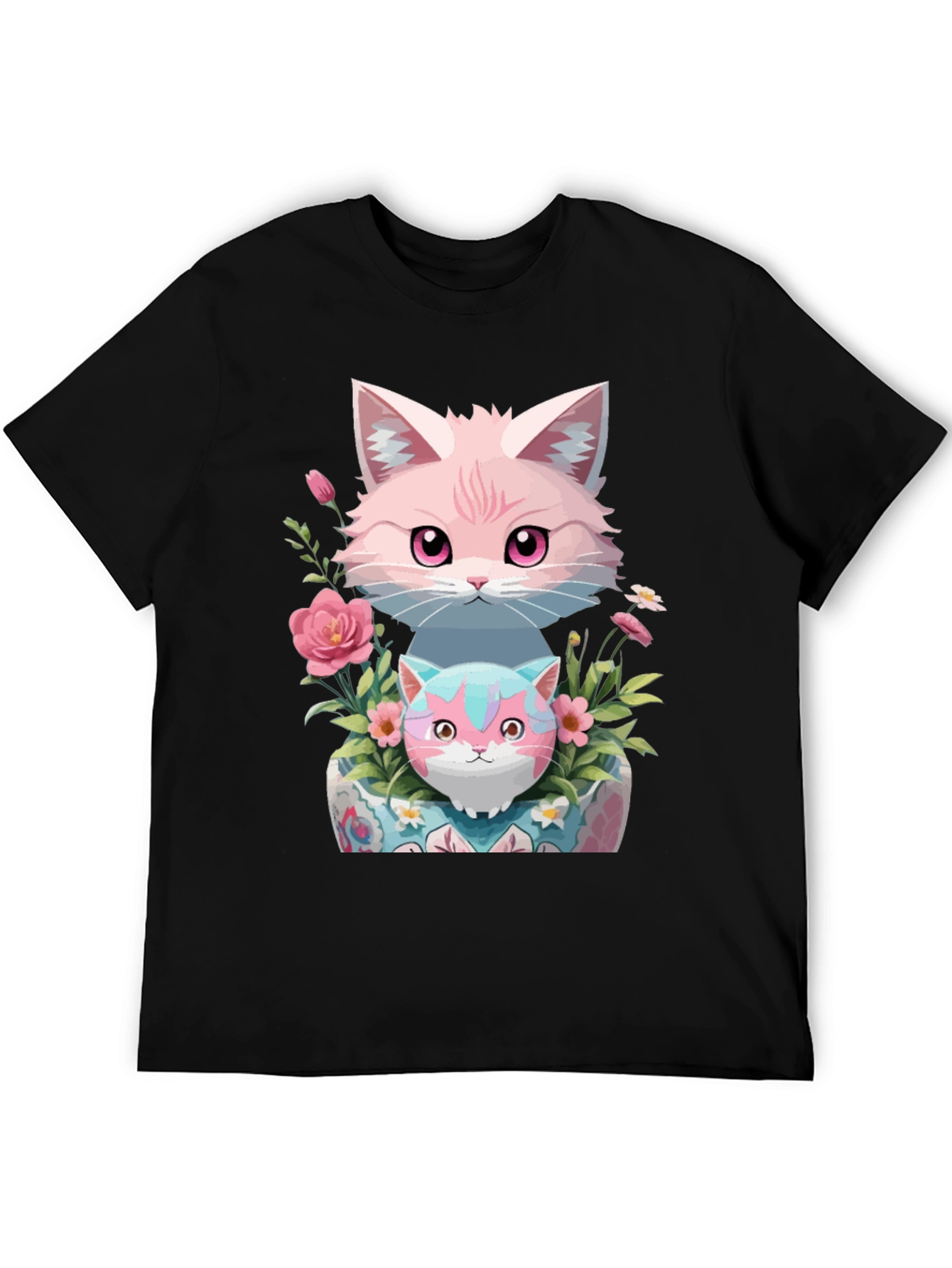 Cute Cats & Floral Print Black T-Shirt
