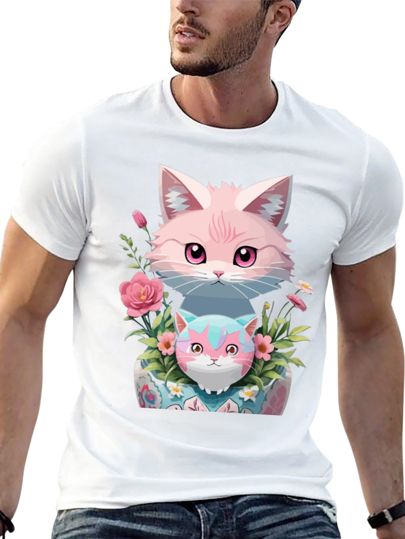Cute Cats & Floral Print Black T-Shirt