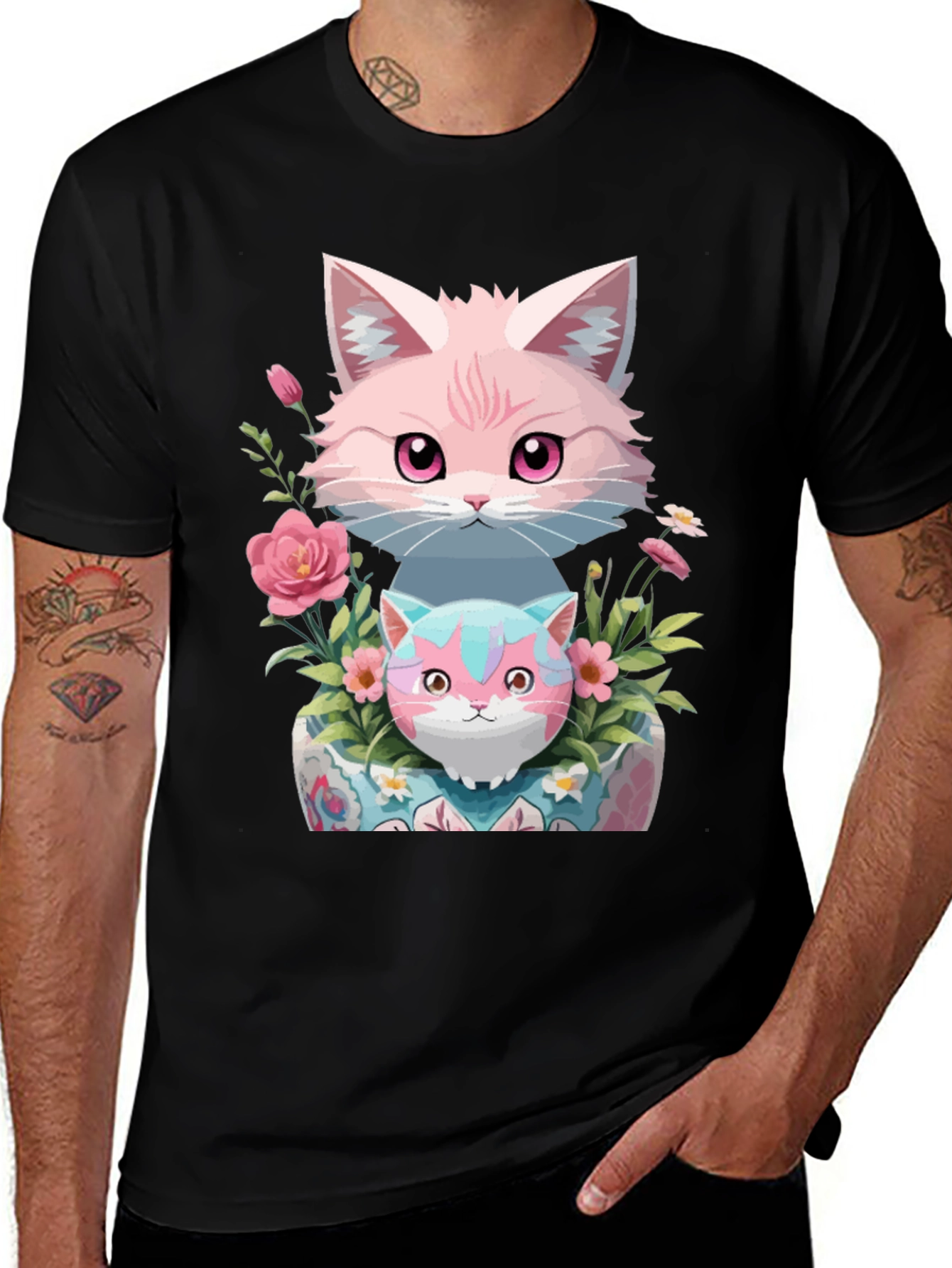 Cute Cats & Floral Print Black T-Shirt
