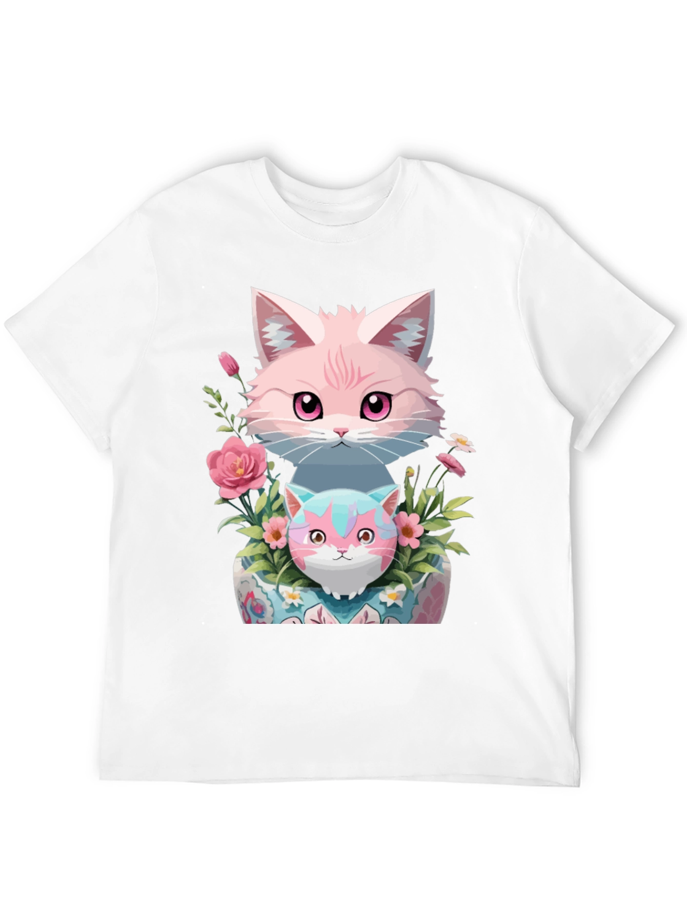 Cute Cats & Floral Print Black T-Shirt