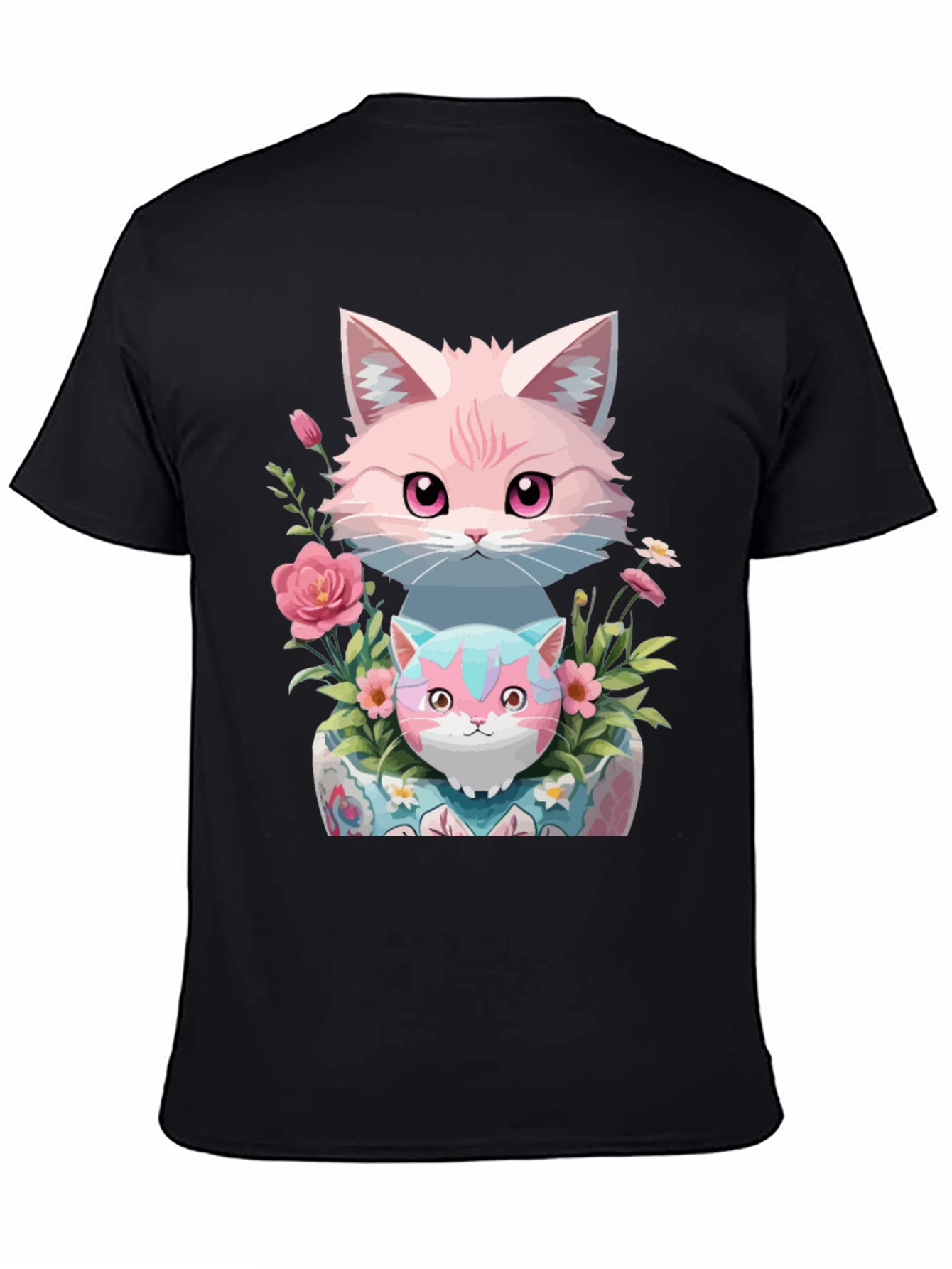 Cute Cats & Floral Print Black T-Shirt