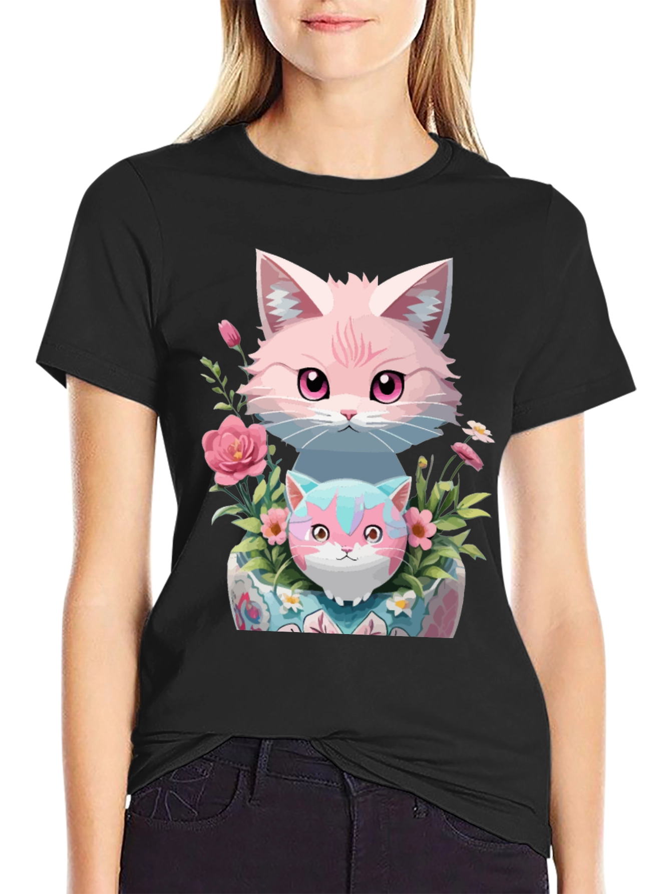 Cute Cats & Floral Print Black T-Shirt