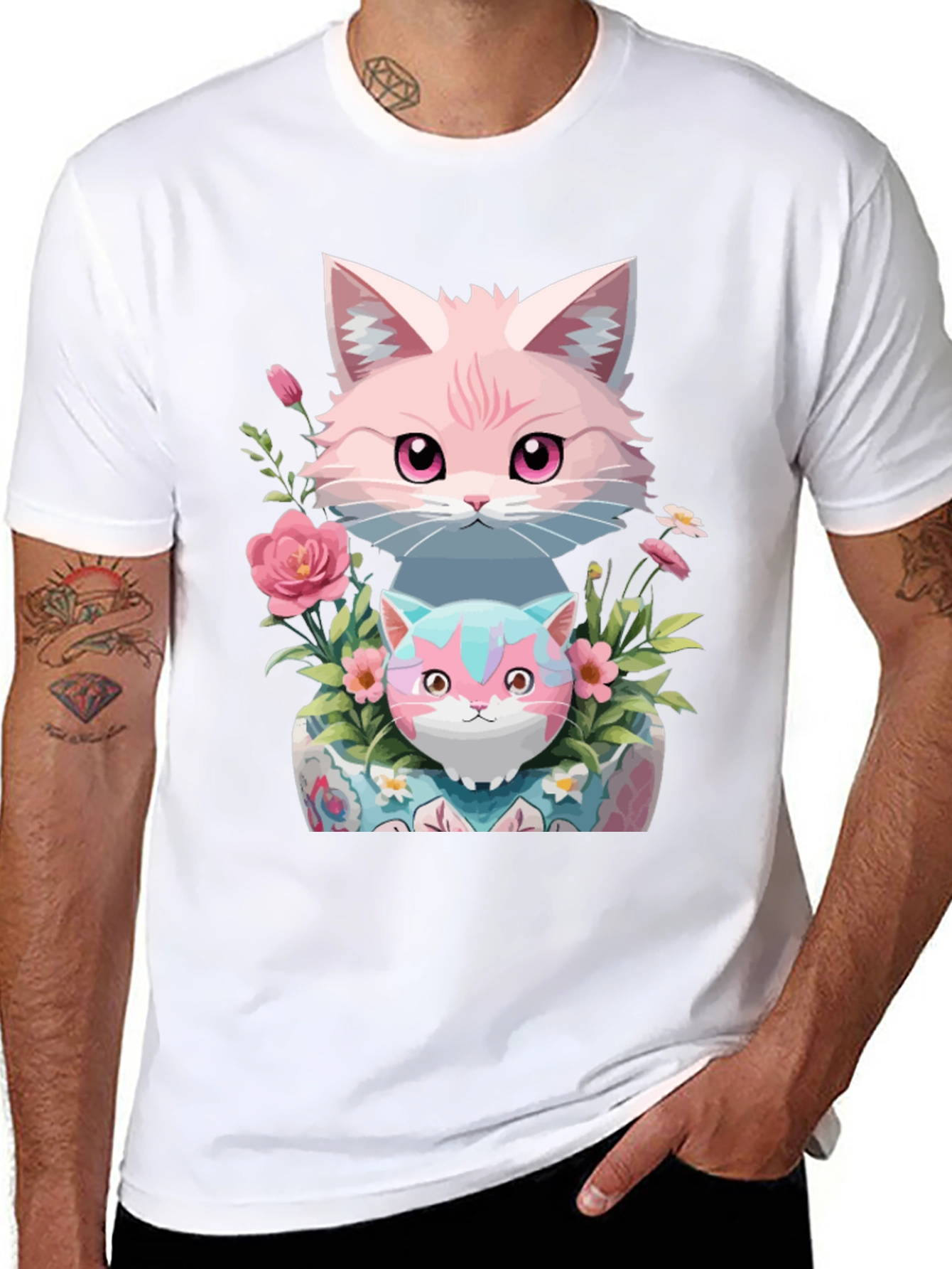 Cute Cats & Floral Print Black T-Shirt