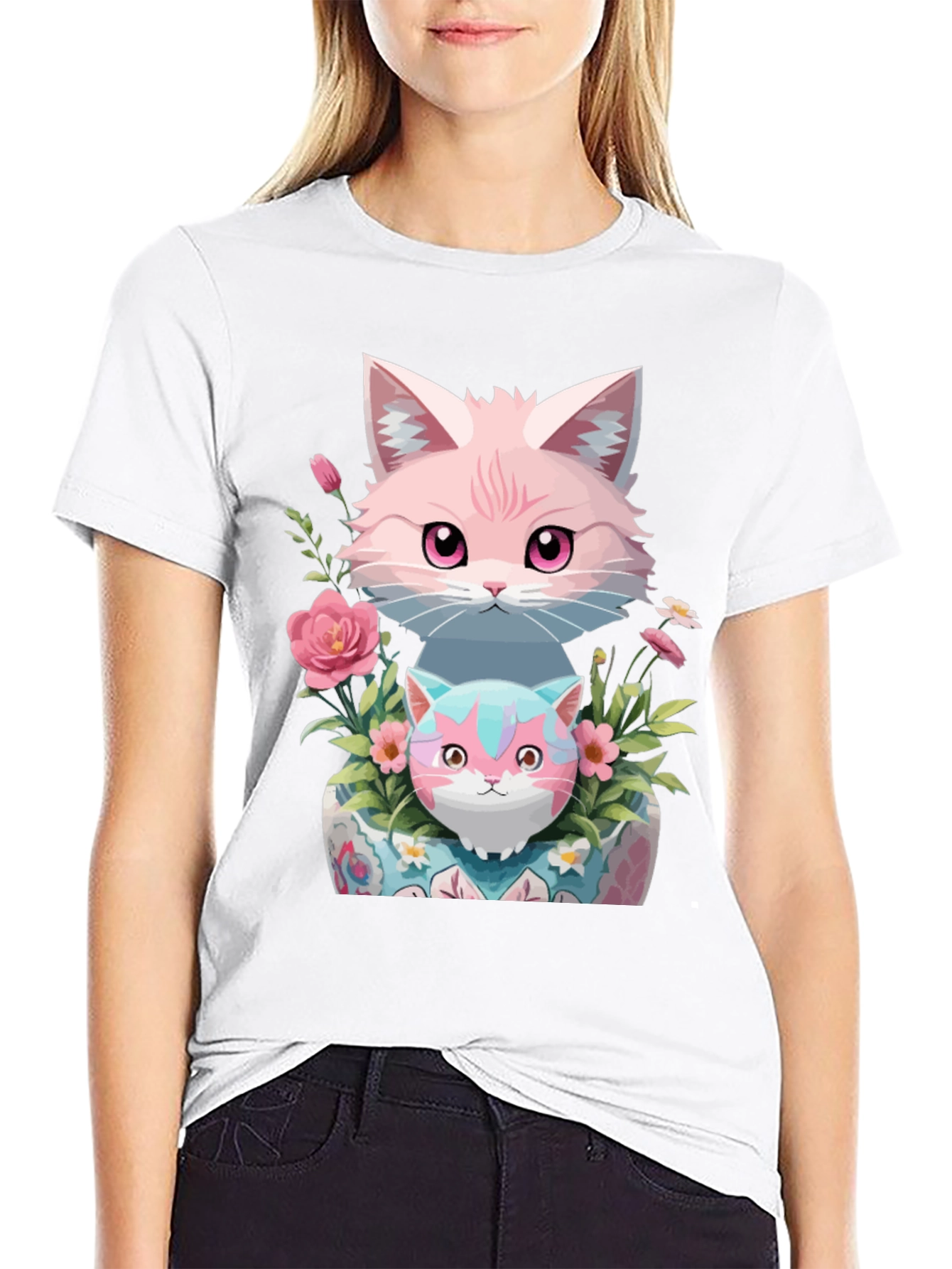 Cute Cats & Floral Print Black T-Shirt
