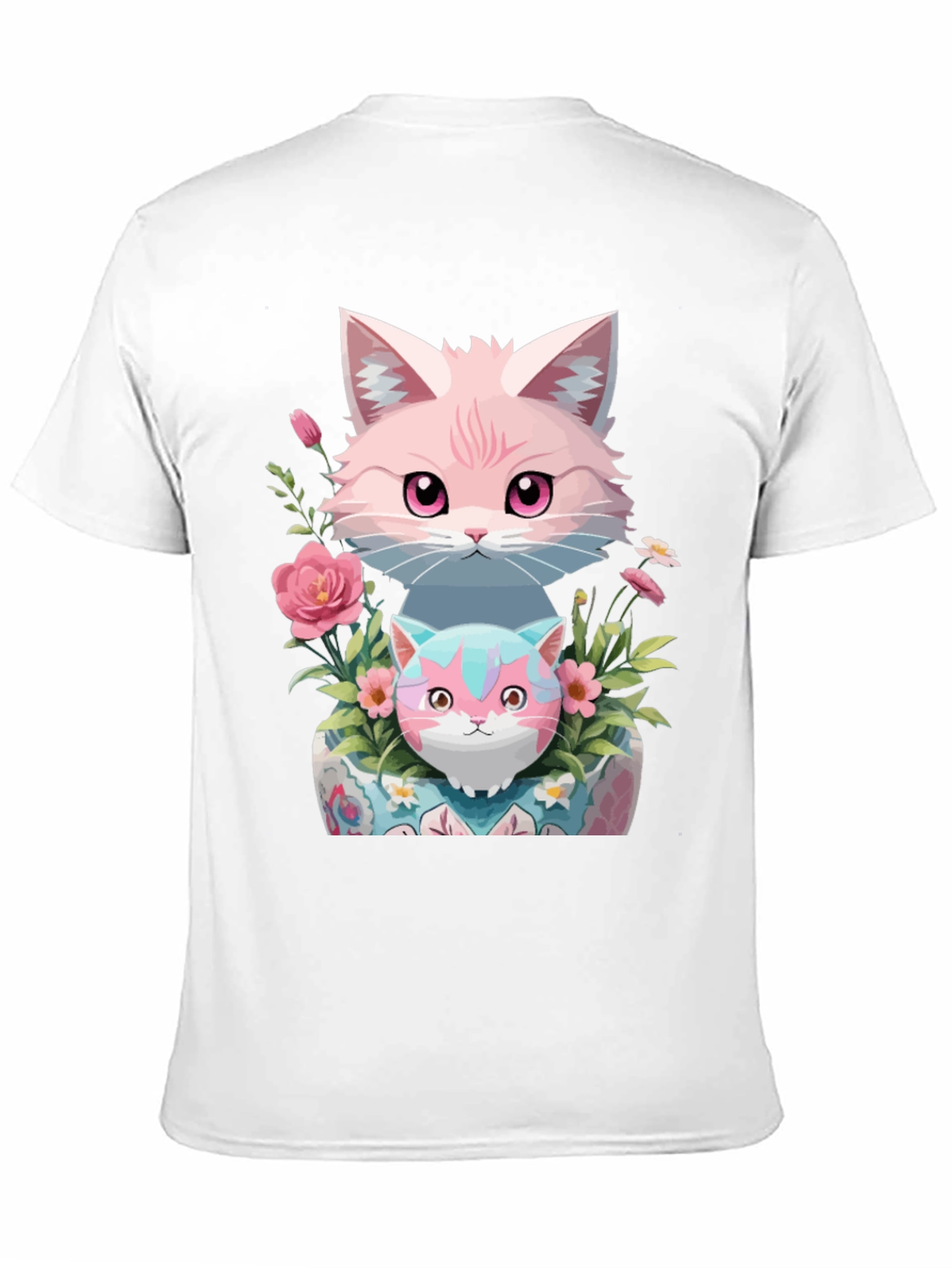 Cute Cats & Floral Print Black T-Shirt