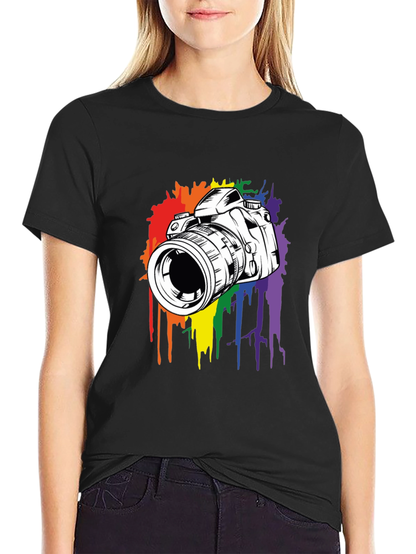 Camera Rainbow Splash Graphic Tee - Black Cotton Shirt