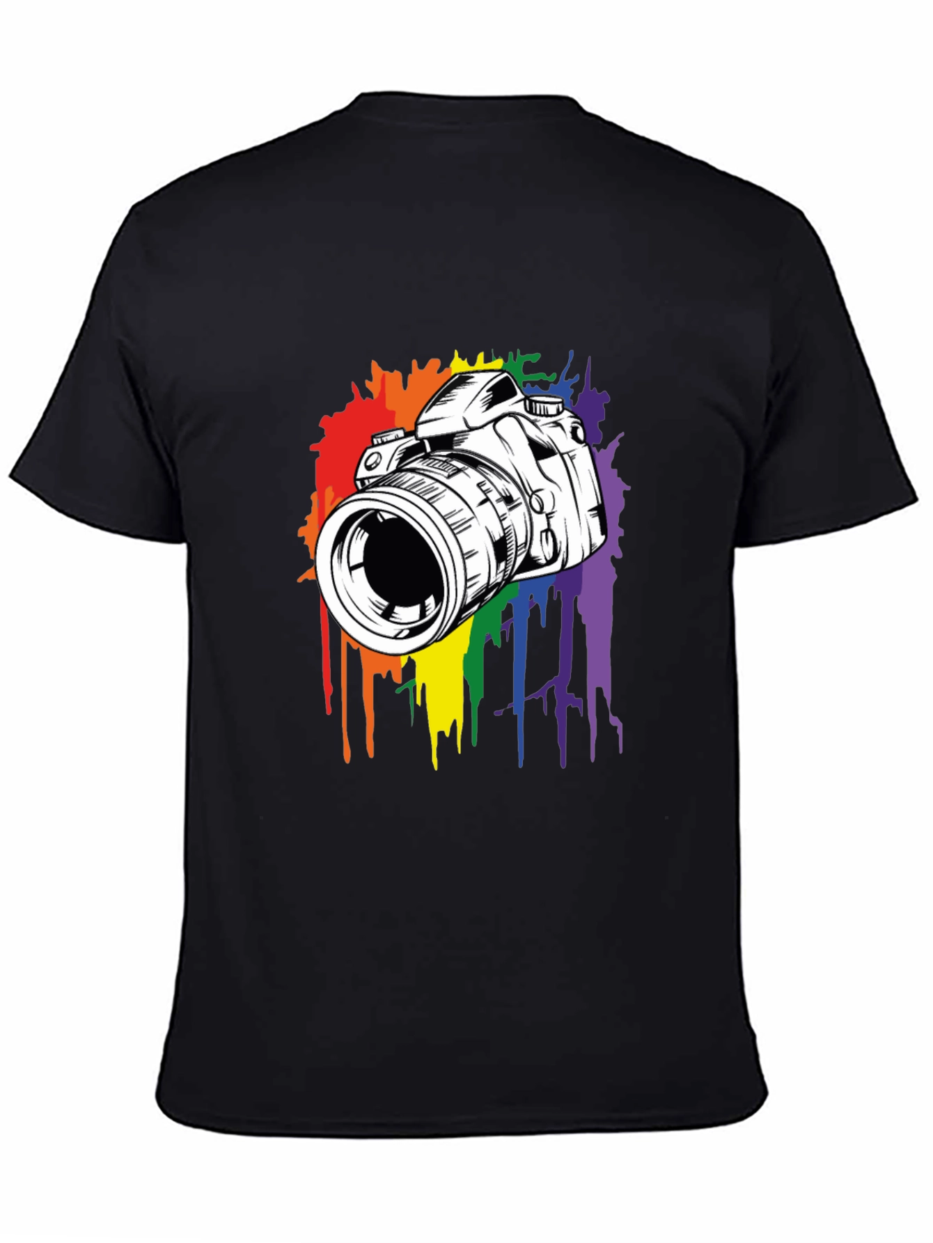Camera Rainbow Splash Graphic Tee - Black Cotton Shirt