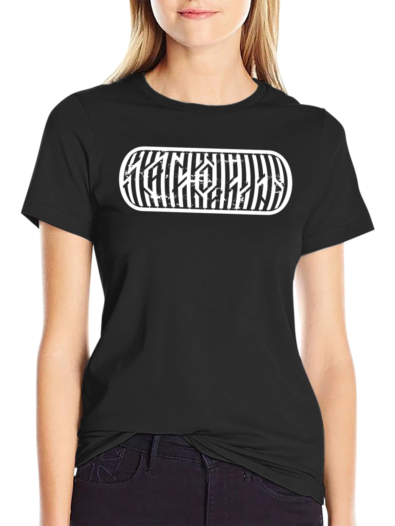 Striped Graphic Tee - Black Cotton T-Shirt