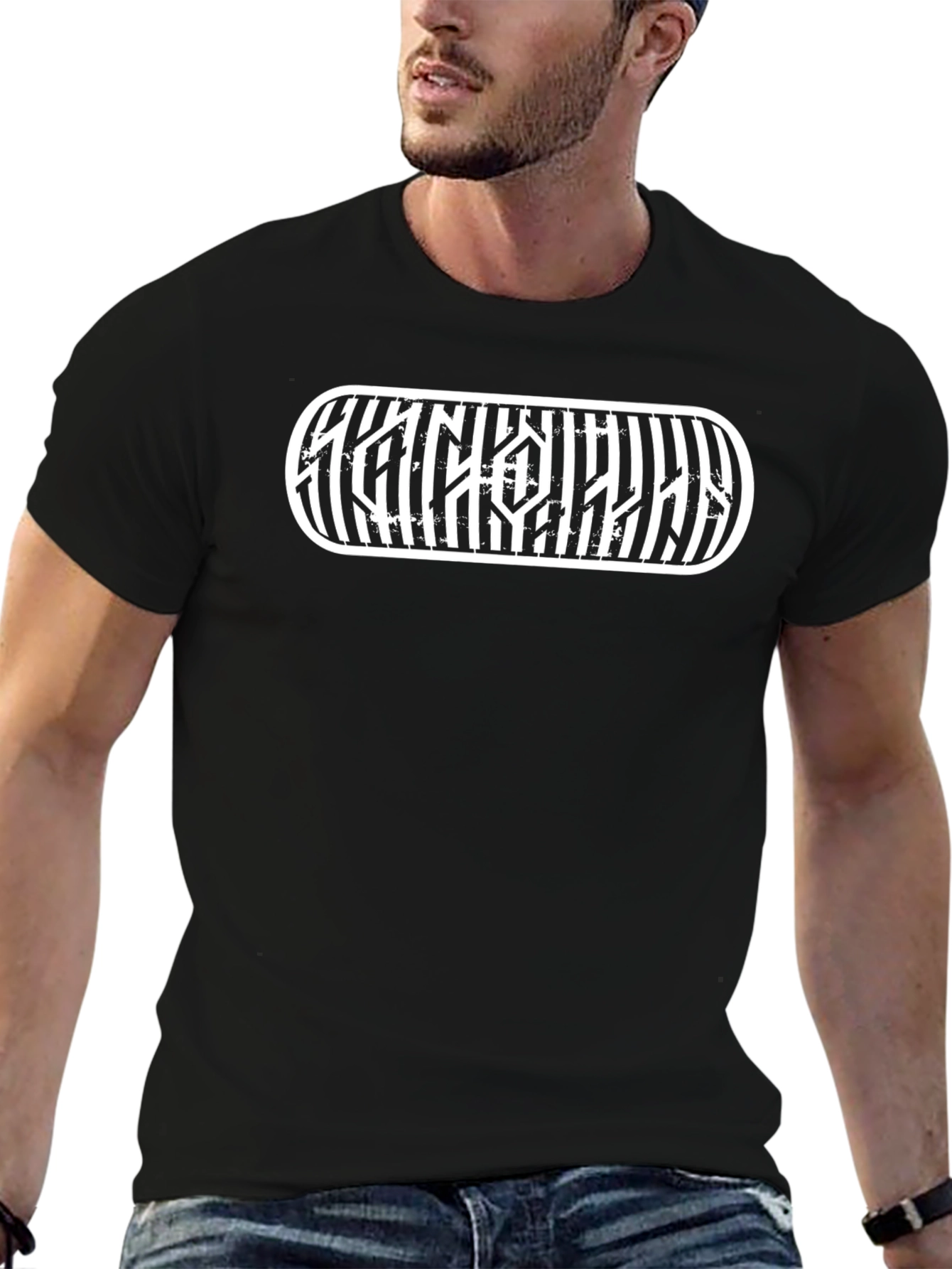 Striped Graphic Tee - Black Cotton T-Shirt