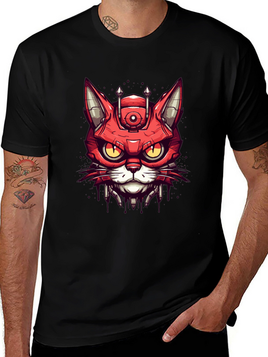 Robotic Cat Graphic Tee - Black Short Sleeve Shirt