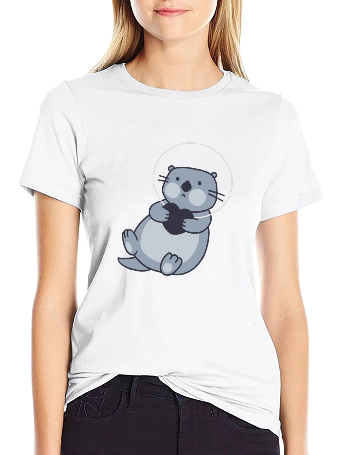 Cute Otter in Space T-Shirt - Black