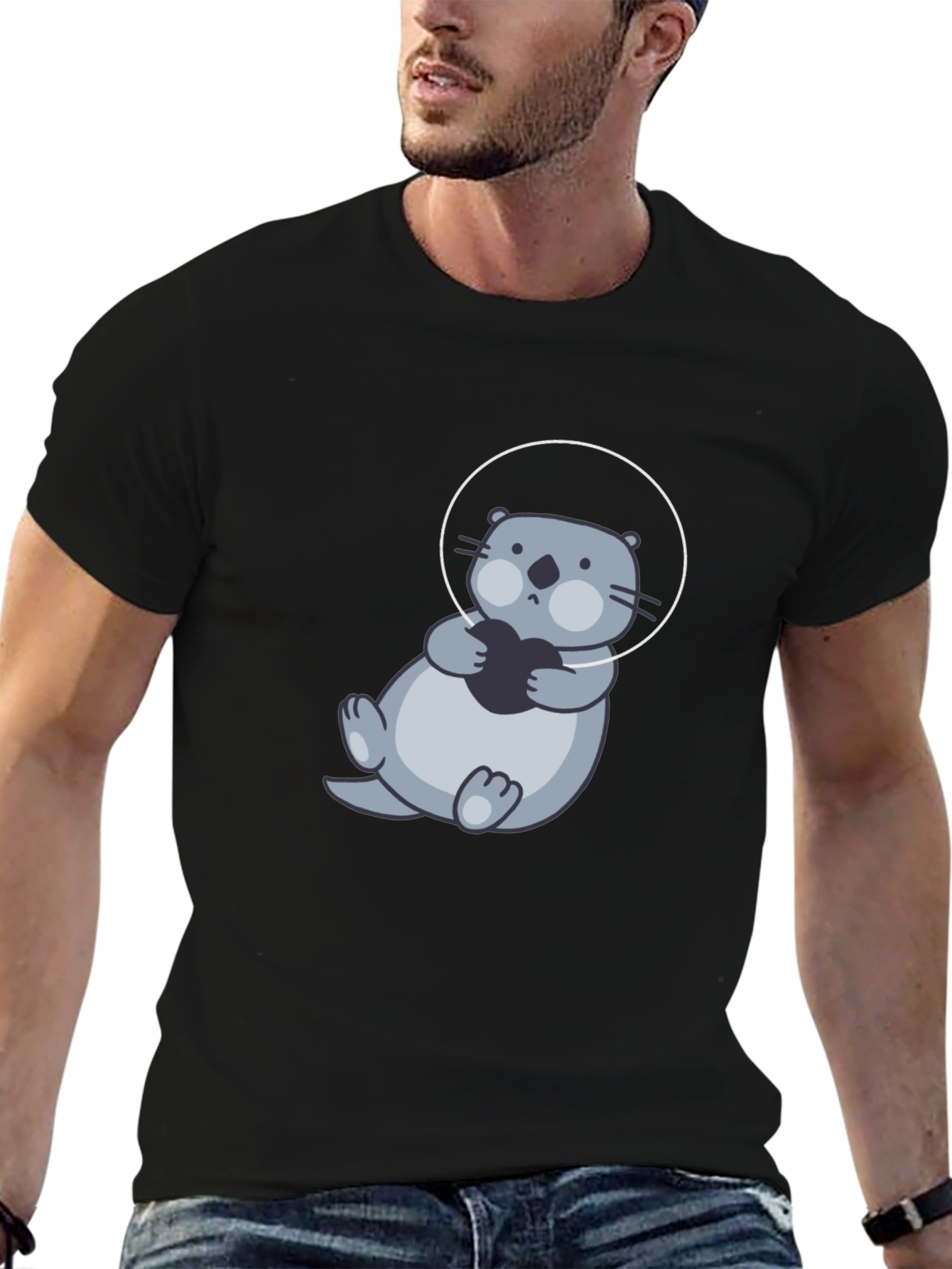 Cute Otter in Space T-Shirt - Black