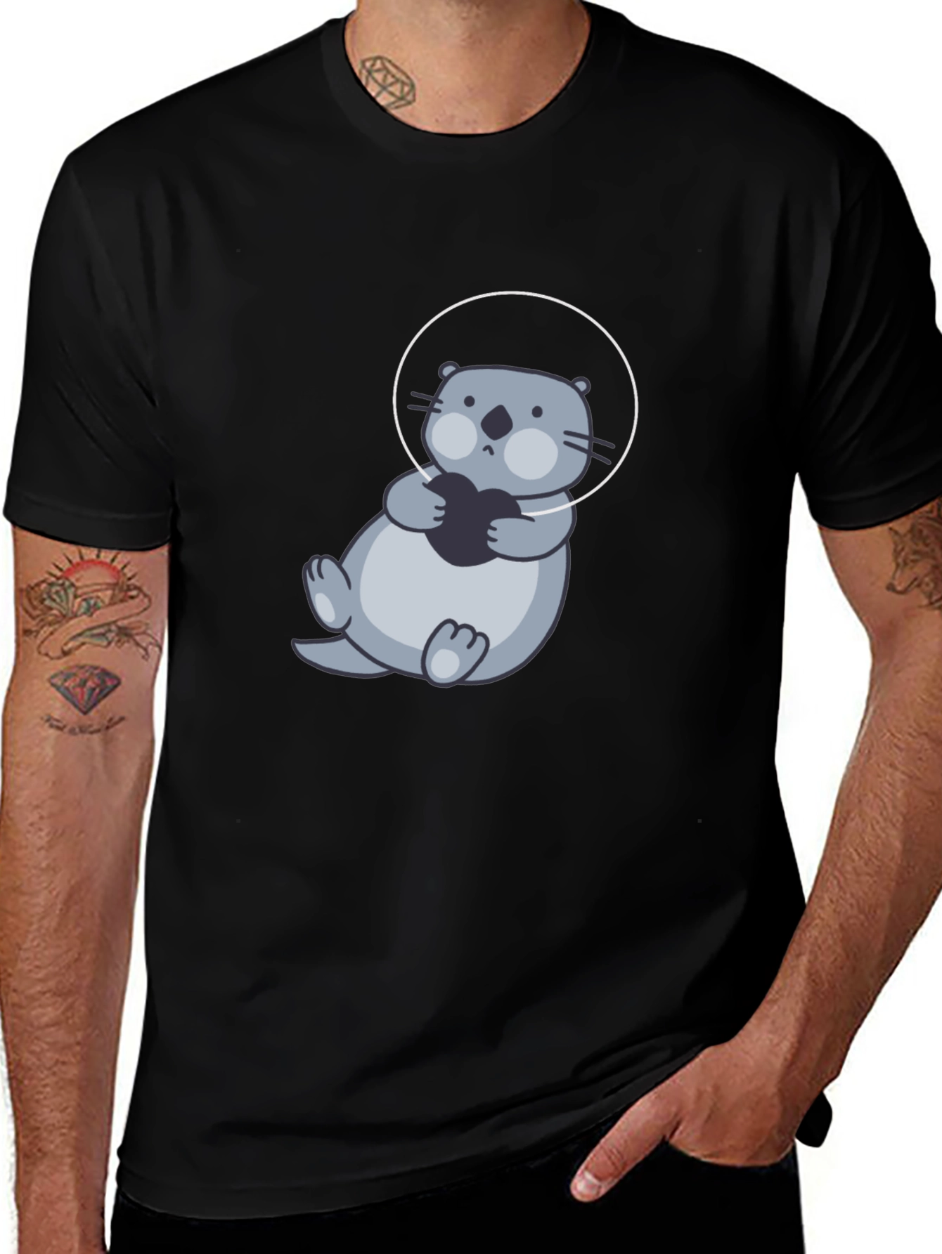 Cute Otter in Space T-Shirt - Black