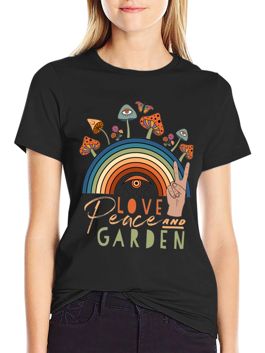 Love Peace Garden T-Shirt Mushrooms Rainbow