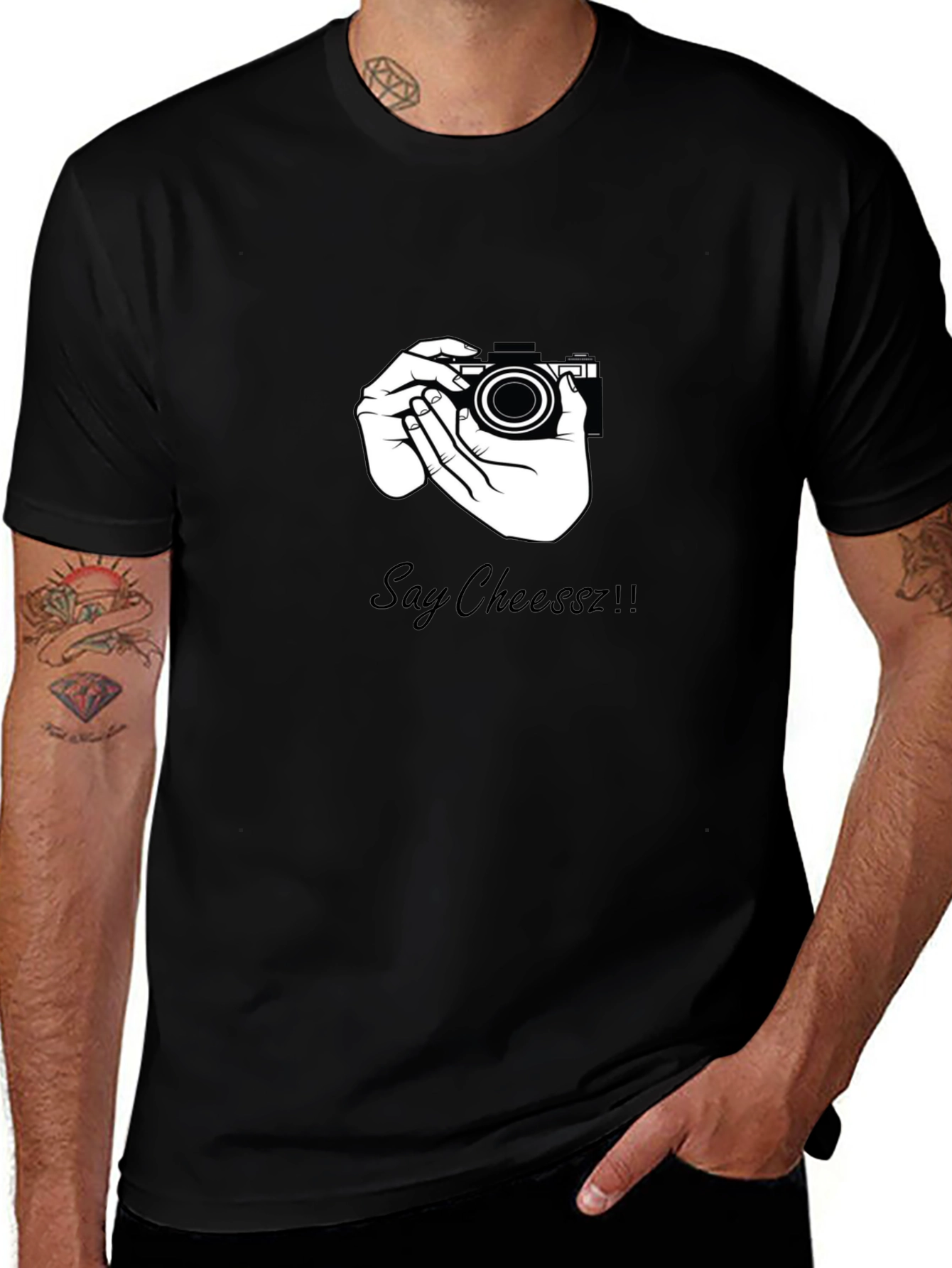 Say Cheeszz!! Black T-Shirt with Camera Graphic