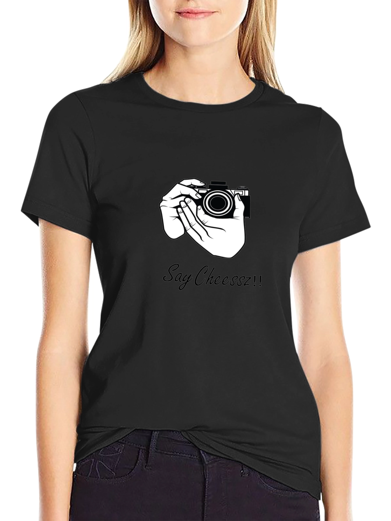 Say Cheeszz!! Black T-Shirt with Camera Graphic