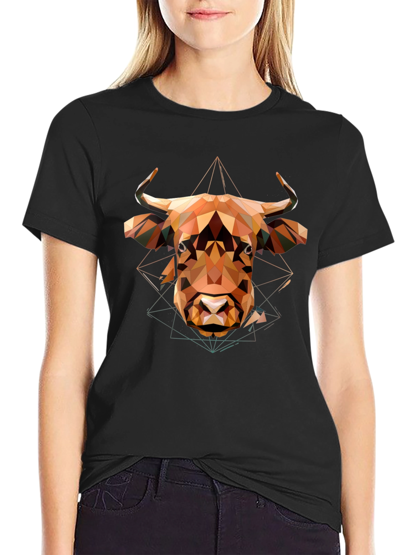 Geometric Bull Graphic Tee - Modern Mens Black T-Shirt