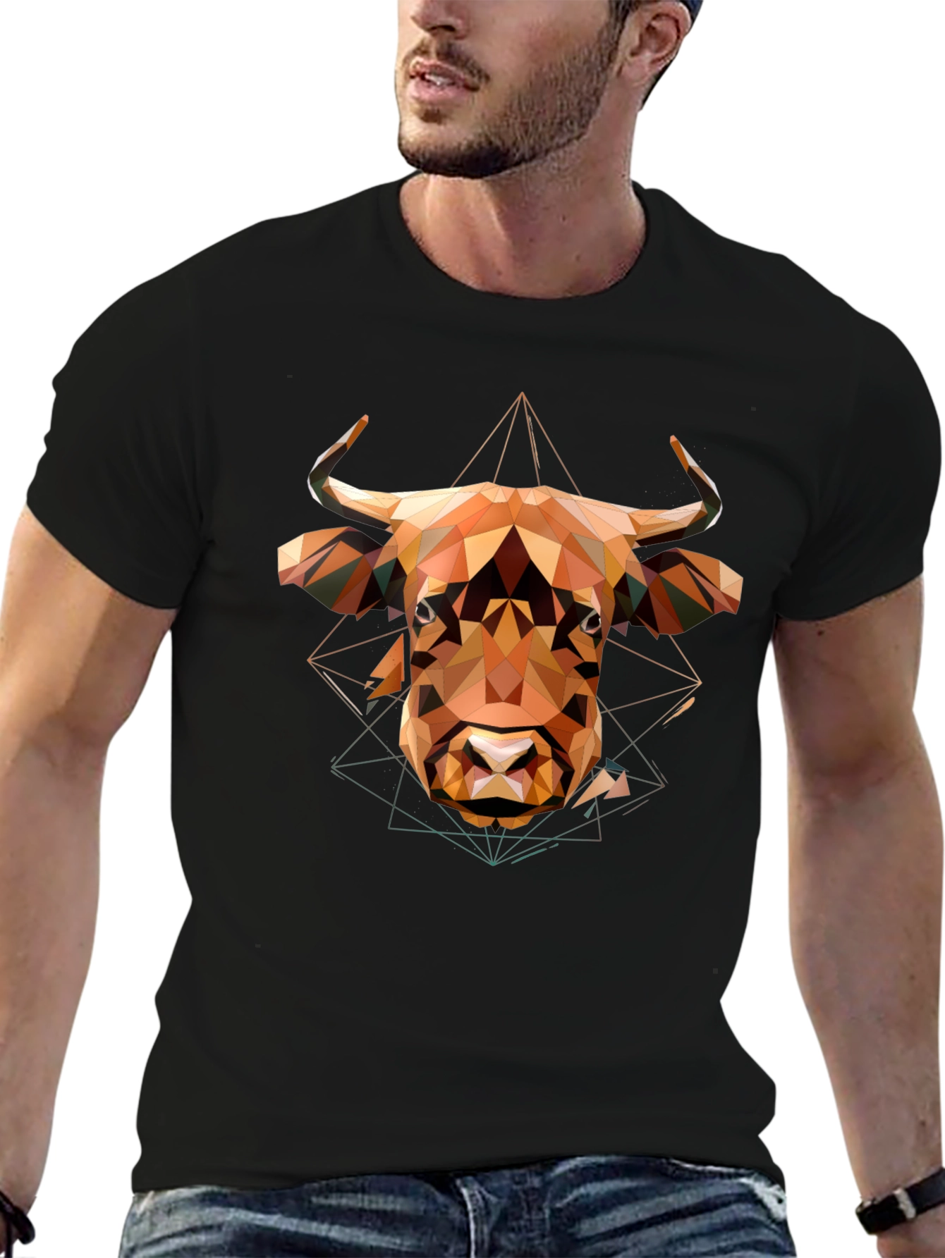 Geometric Bull Graphic Tee - Modern Mens Black T-Shirt