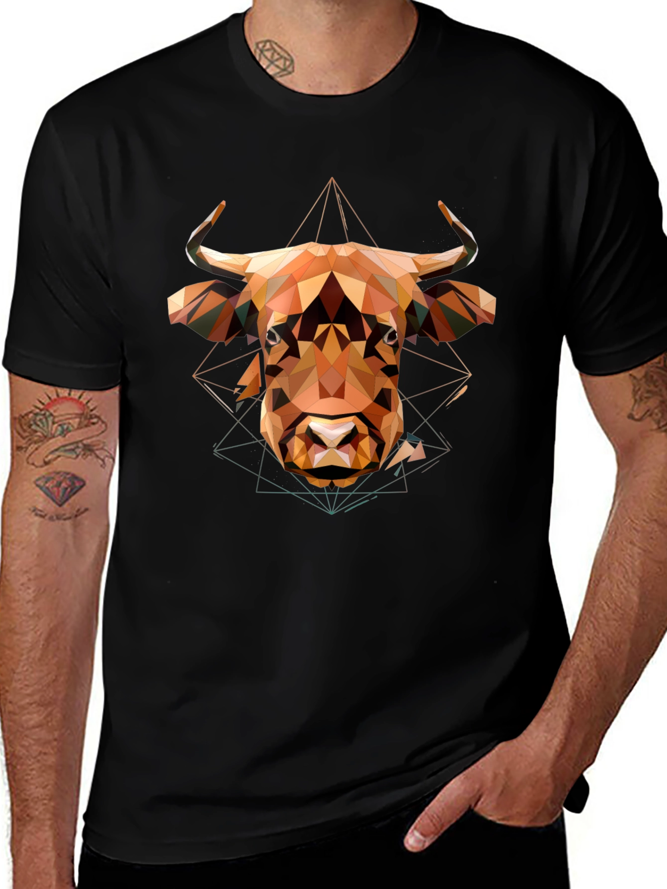 Geometric Bull Graphic Tee - Modern Mens Black T-Shirt