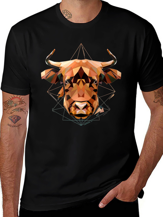 Geometric Bull Graphic Tee - Modern Mens Black T-Shirt