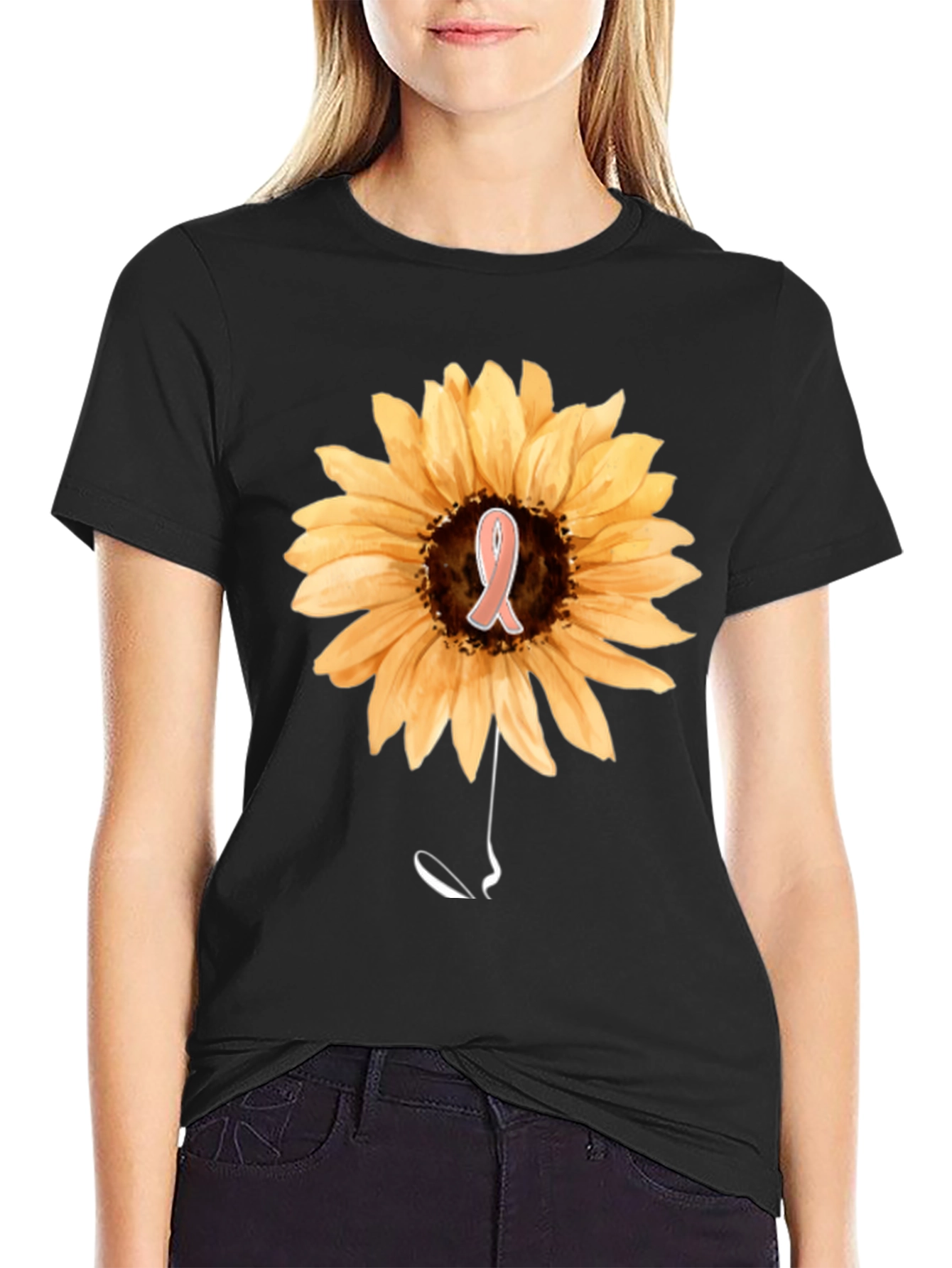 Sunflower Awareness Ribbon Black T-Shirt