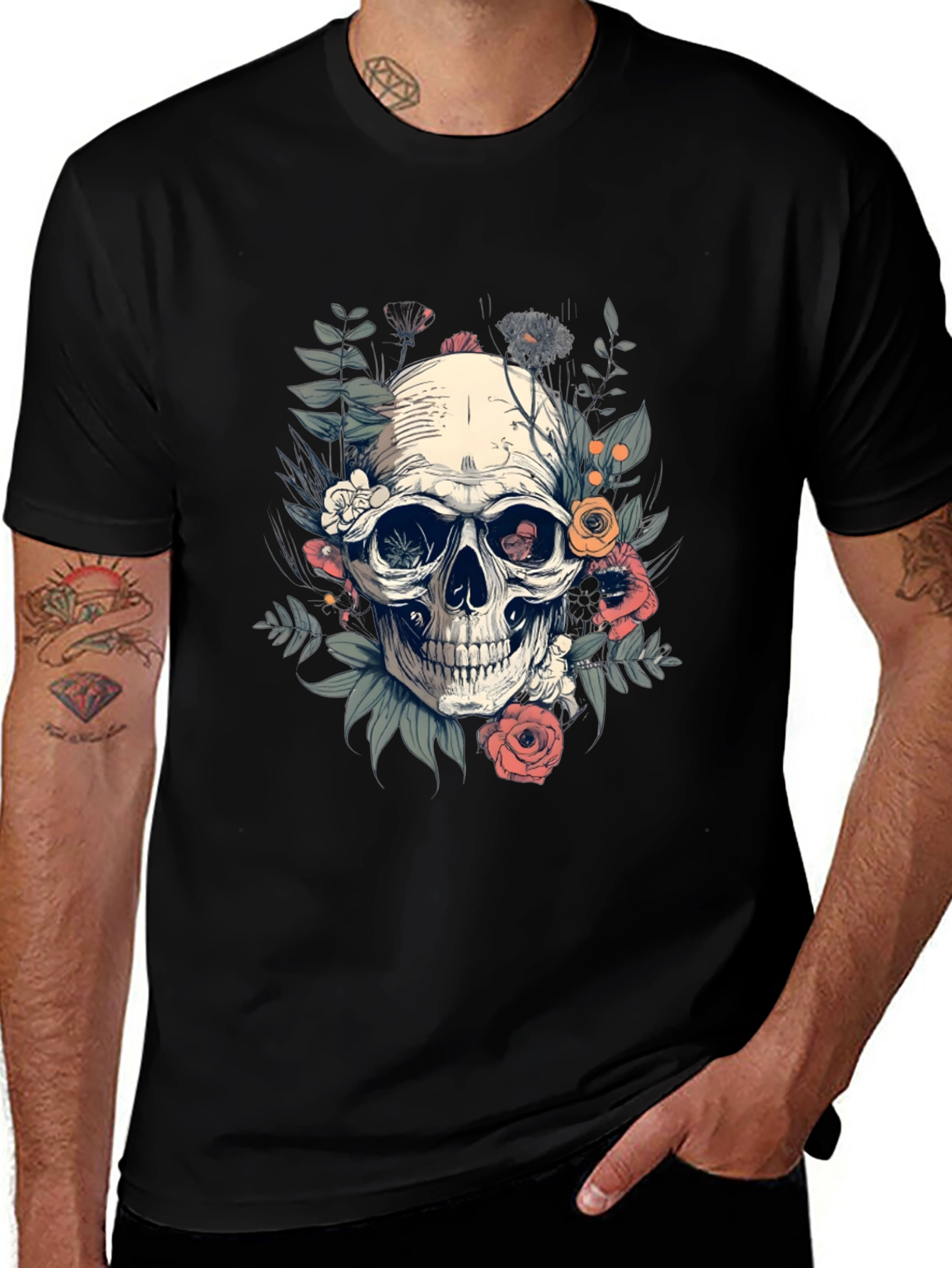 Skull Floral T-Shirt - Black