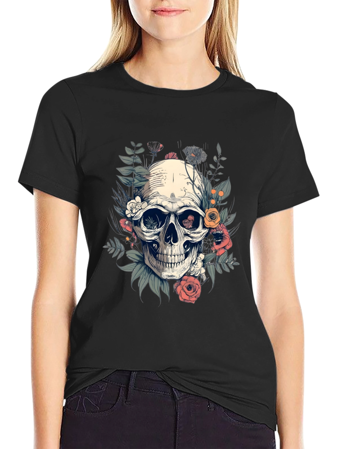 Skull Floral T-Shirt - Black