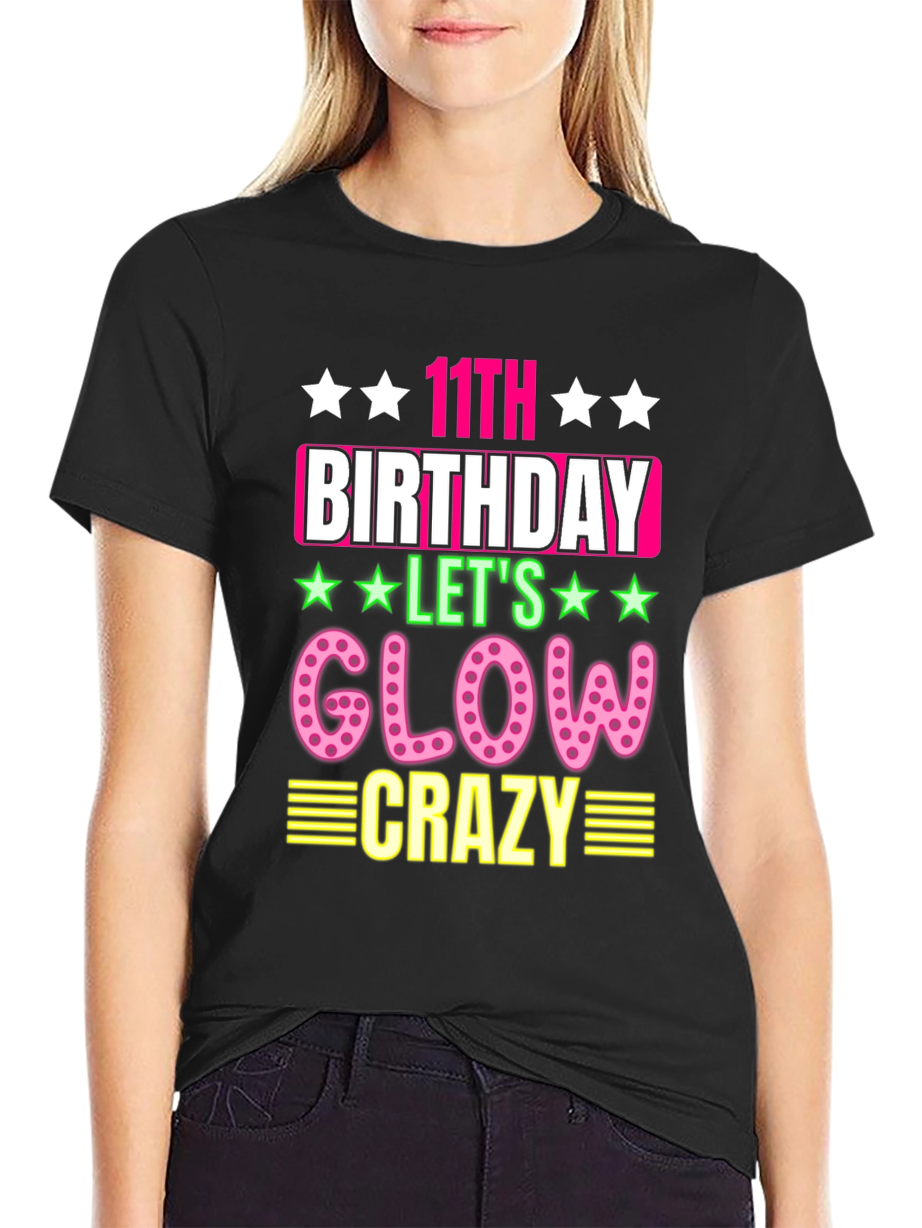 11th Birthday Lets Glow Crazy Black T-Shirt