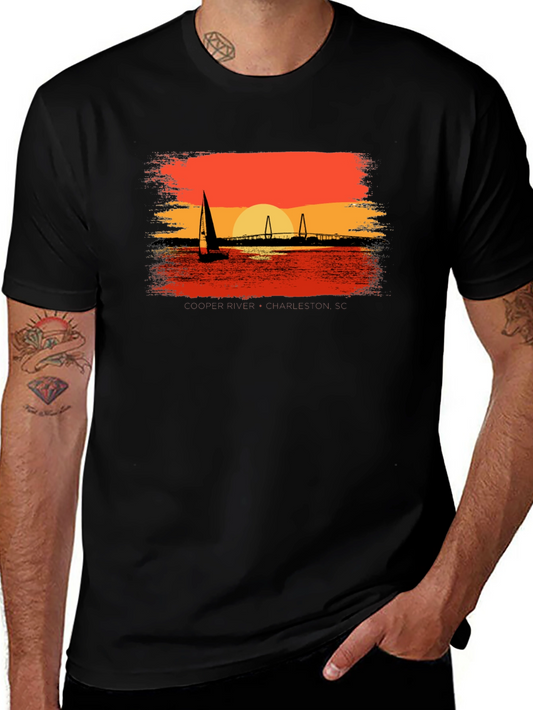 Sunset Sailboat Graphic Tee - Black Cotton T-Shirt